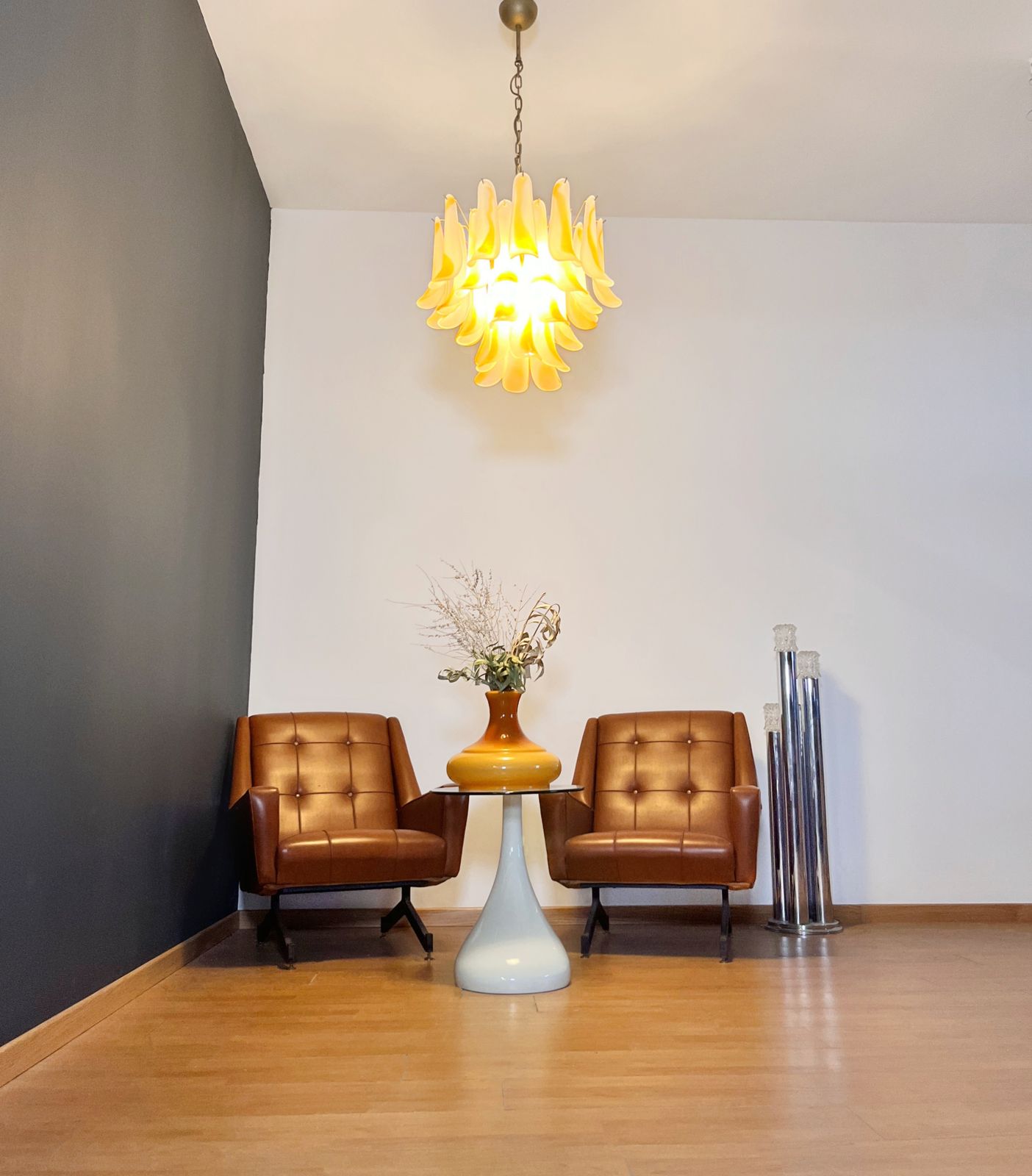 Italian Vintage Murano Chandelier   36 Acid Etched Amber Glass Petals photo vintage