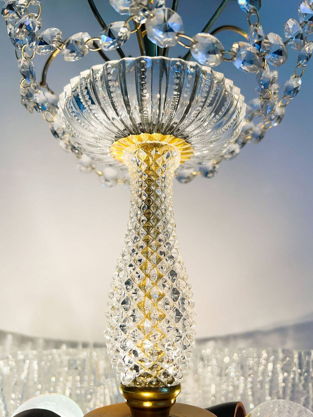Vintage Luxury Chandelier Lamp – Brass, Crystal – Kalmar – Orrefors – Fagerlund  – Regency – 60/70's photo for sale