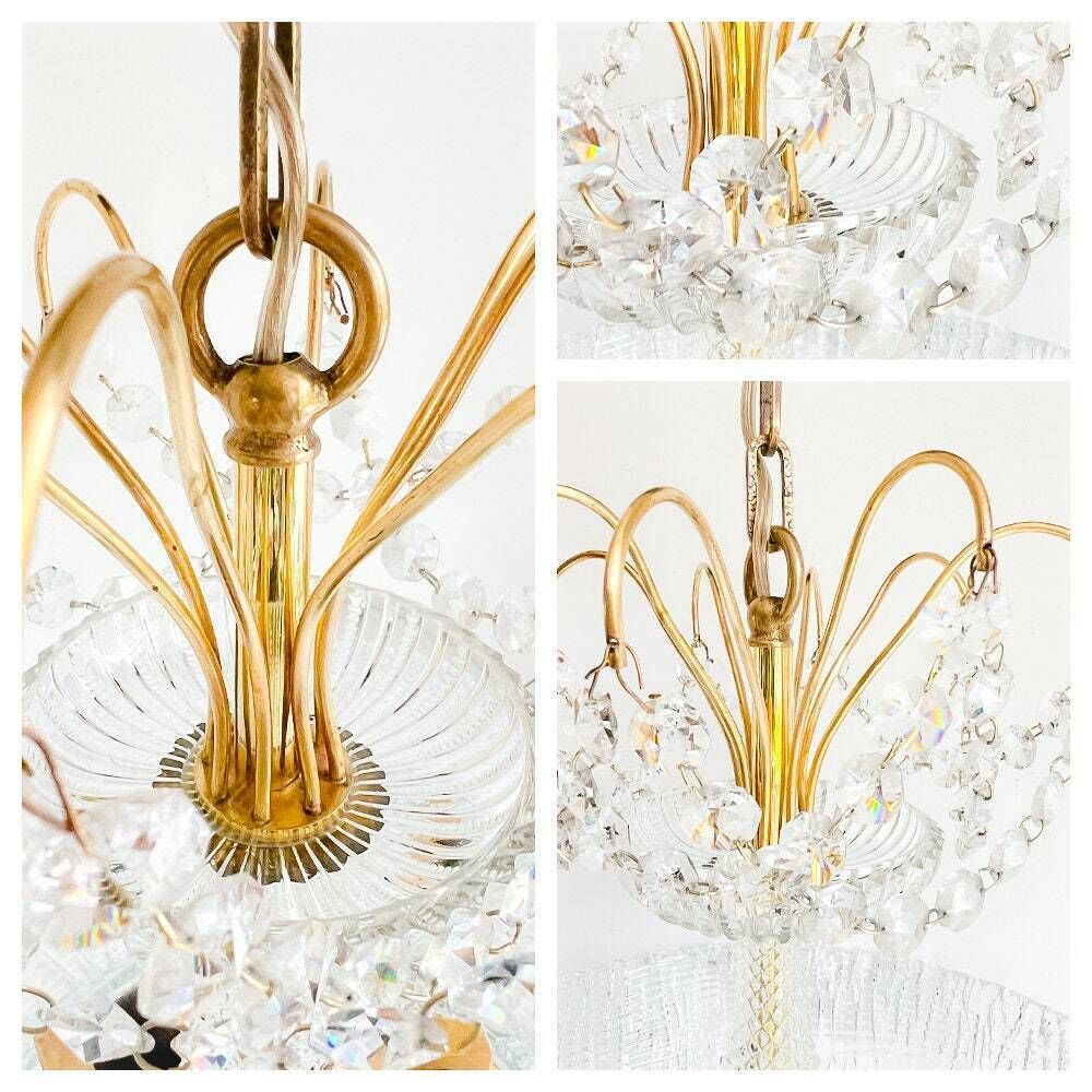 photo for sale Vintage Luxury Chandelier Lamp – Brass, Crystal – Kalmar – Orrefors – Fagerlund  – Regency – 60/70's