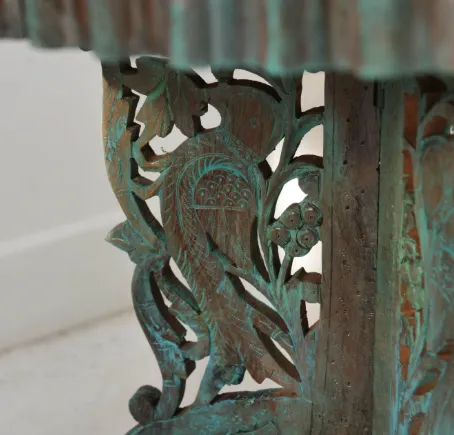 Oriental Little Round Table | Carved, Hand Painted Patina | Blue, Teal photo furniture