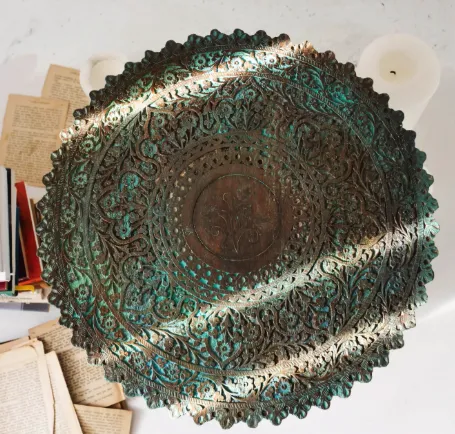 Oriental Little Round Table | Carved, Hand Painted Patina | Blue, Teal photo 99.0