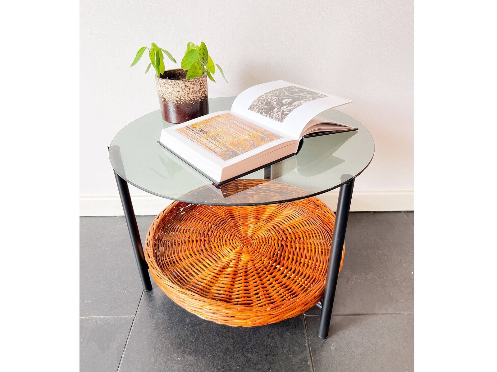 Vintage Coffee Table / Side Table Rohé Noordwolde   Smoked Glass   Wicker Basket   Dutch Design   60s   Mid Century