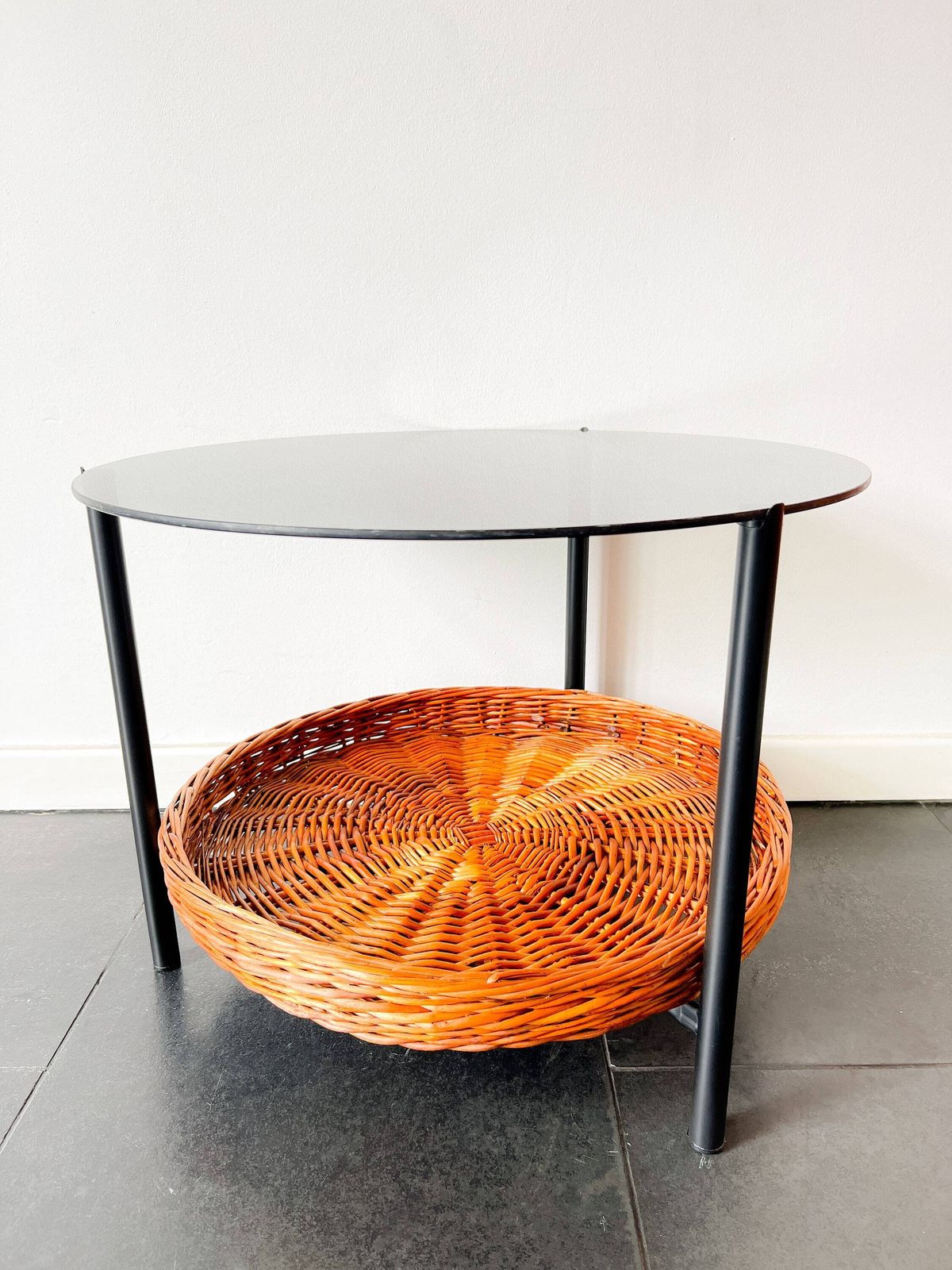 Vintage Coffee Table / Side Table Rohé Noordwolde   Smoked Glass   Wicker Basket   Dutch Design   60s   Mid Century photo buy