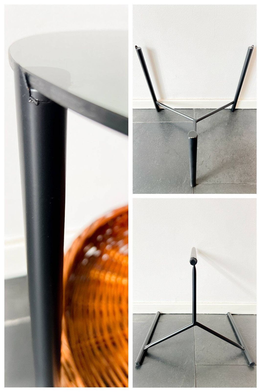 photo furniture Vintage Coffee Table / Side Table Rohé Noordwolde   Smoked Glass   Wicker Basket   Dutch Design   60s   Mid Century