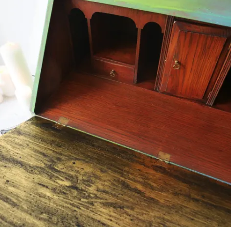 Unique Writing Bureau With Golden Details Named Rapunzel, 5 Drawers, Hand Painted Vintage Colourful Furniture Green Blue Pink Gold, Rainbow photo furniture