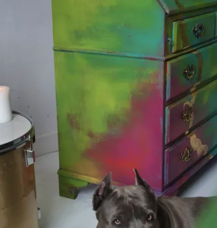 Unique Writing Bureau With Golden Details Named Rapunzel, 5 Drawers, Hand Painted Vintage Colourful Furniture Green Blue Pink Gold, Rainbow photo Furniture