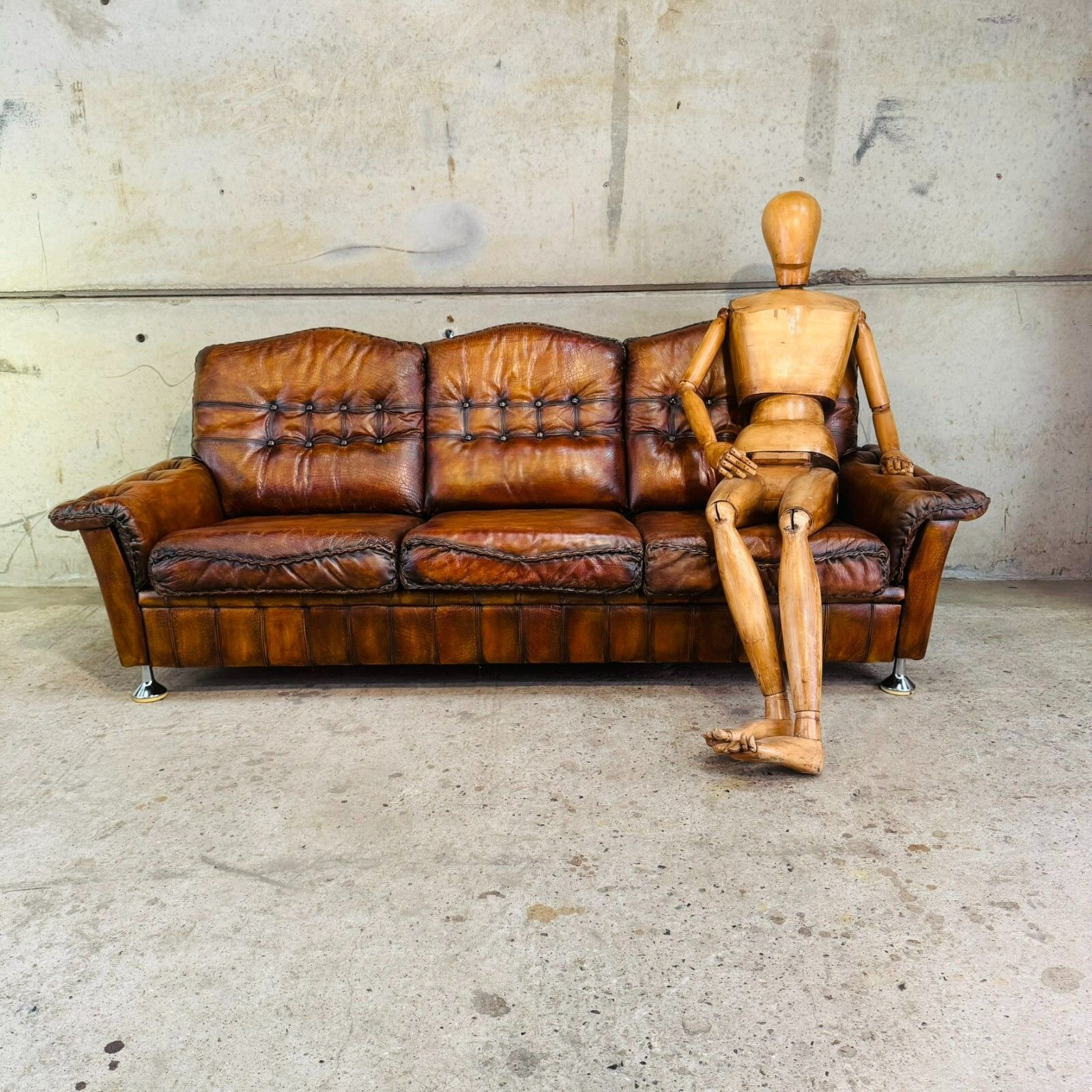 1970s Danish Rustic Tan Leather 3 Seater Sofa – Full Grain Buffalo #A597 photo furniture