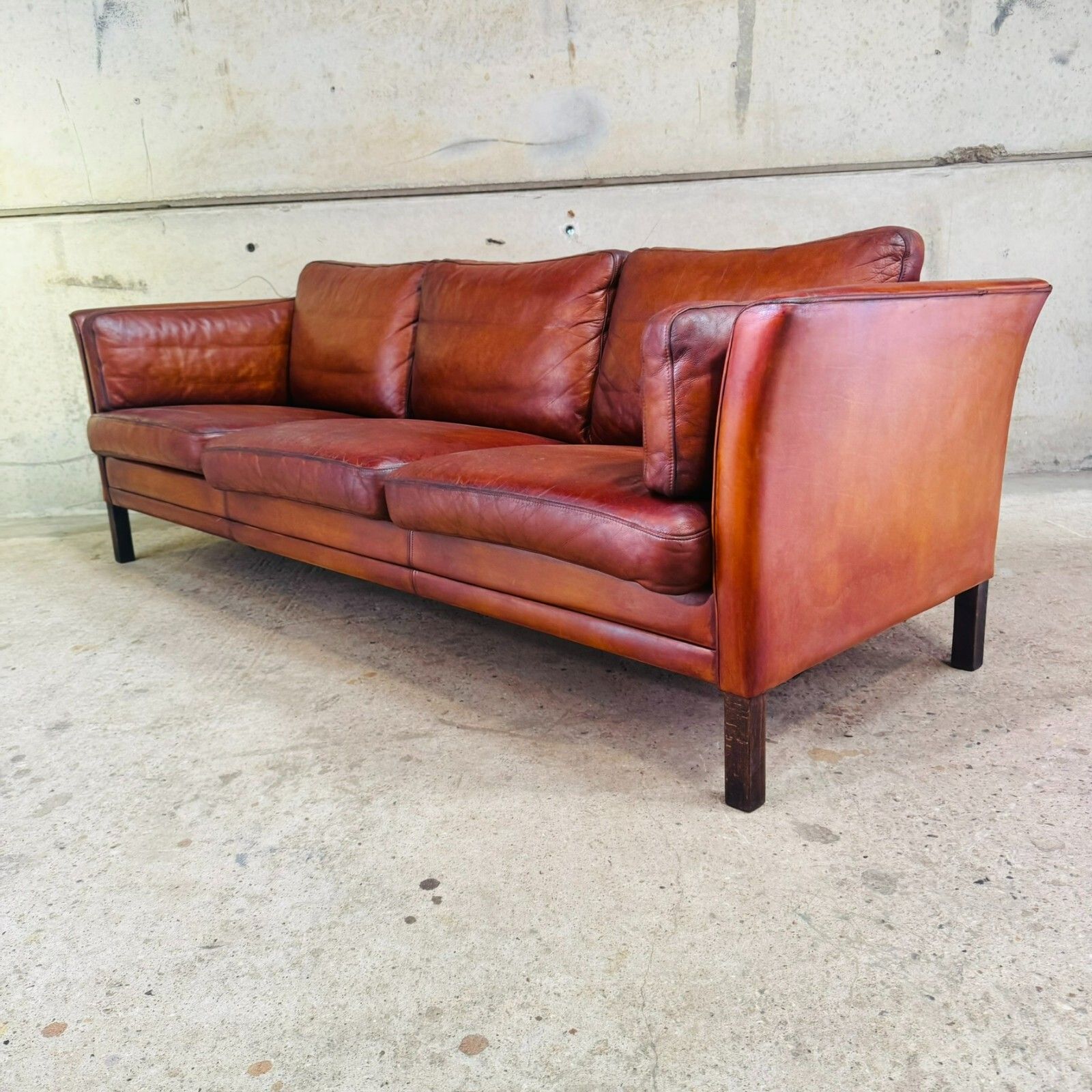 Danish 1970s Cognac Leather Three Seater Sofa By Mogens Hansen #A605 photo vintage