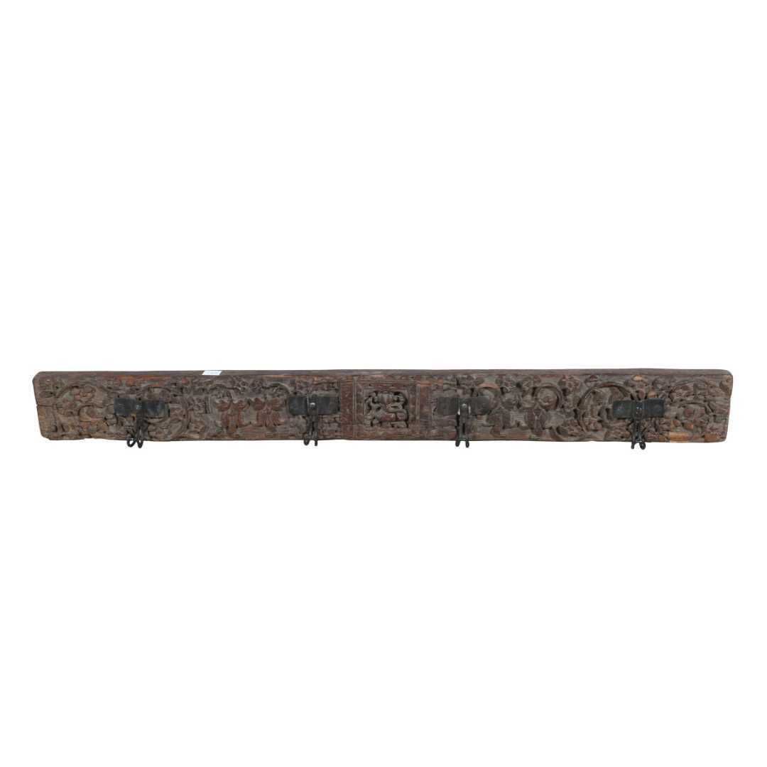 Antique Deep Umber Teak & Black Iron Coat Hook Panel, Vintage Indian Carved Wall Rack, 105cm photo furniture