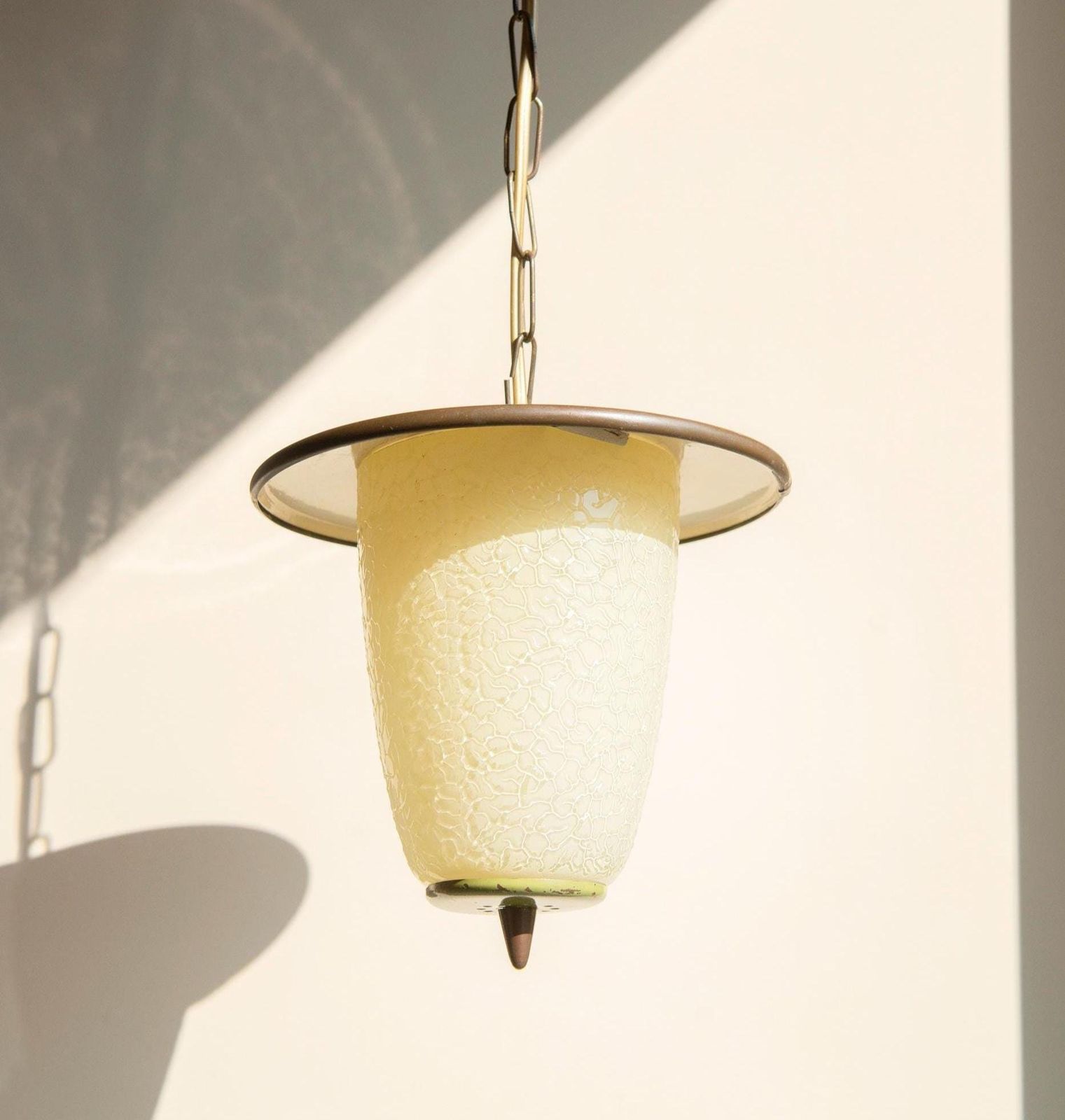 Vintage Groene Hanglamp, Jaren 1970, Decoratieve Emaille Lamp, Mid Century Modern, Retro Melkglas Hanglamp
