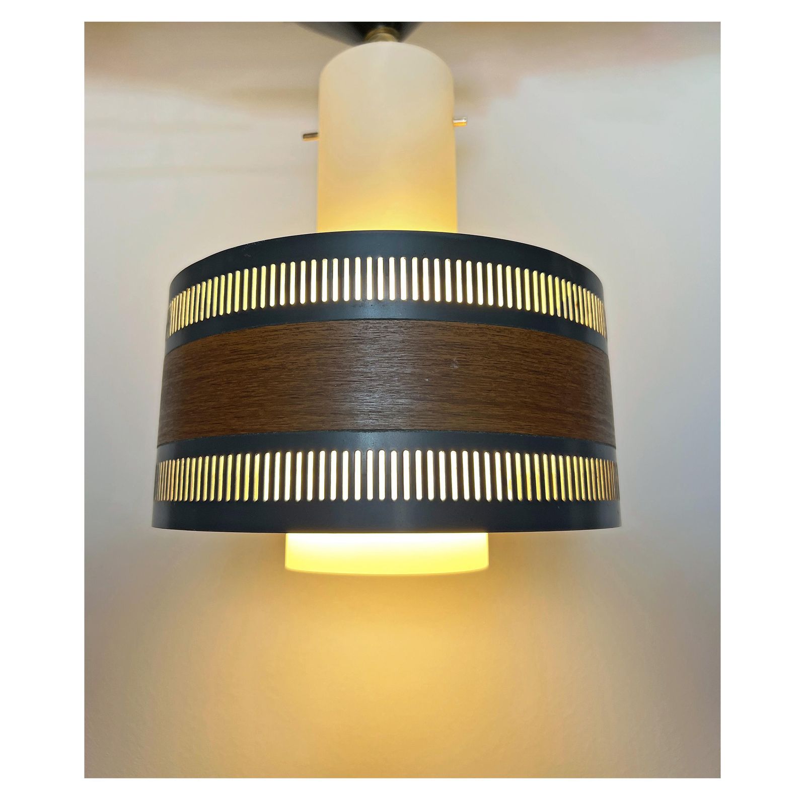Vintage Pendant Lamp   Metal, (Milk) Glass, Wood Look   Scandinavian Design   Mid Century   50/60s