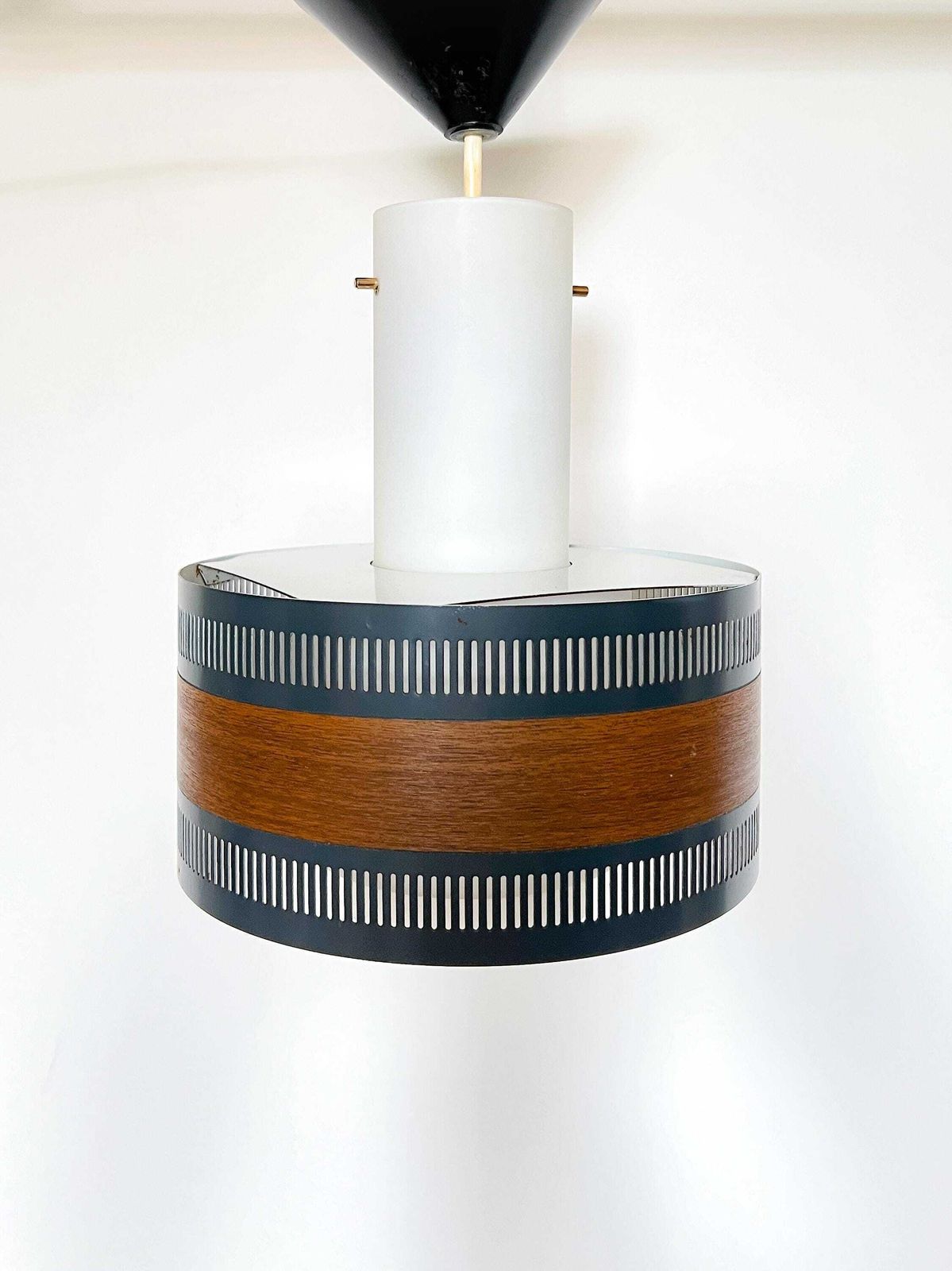 Vintage Pendant Lamp   Metal, (Milk) Glass, Wood Look   Scandinavian Design   Mid Century   50/60s photo for sale