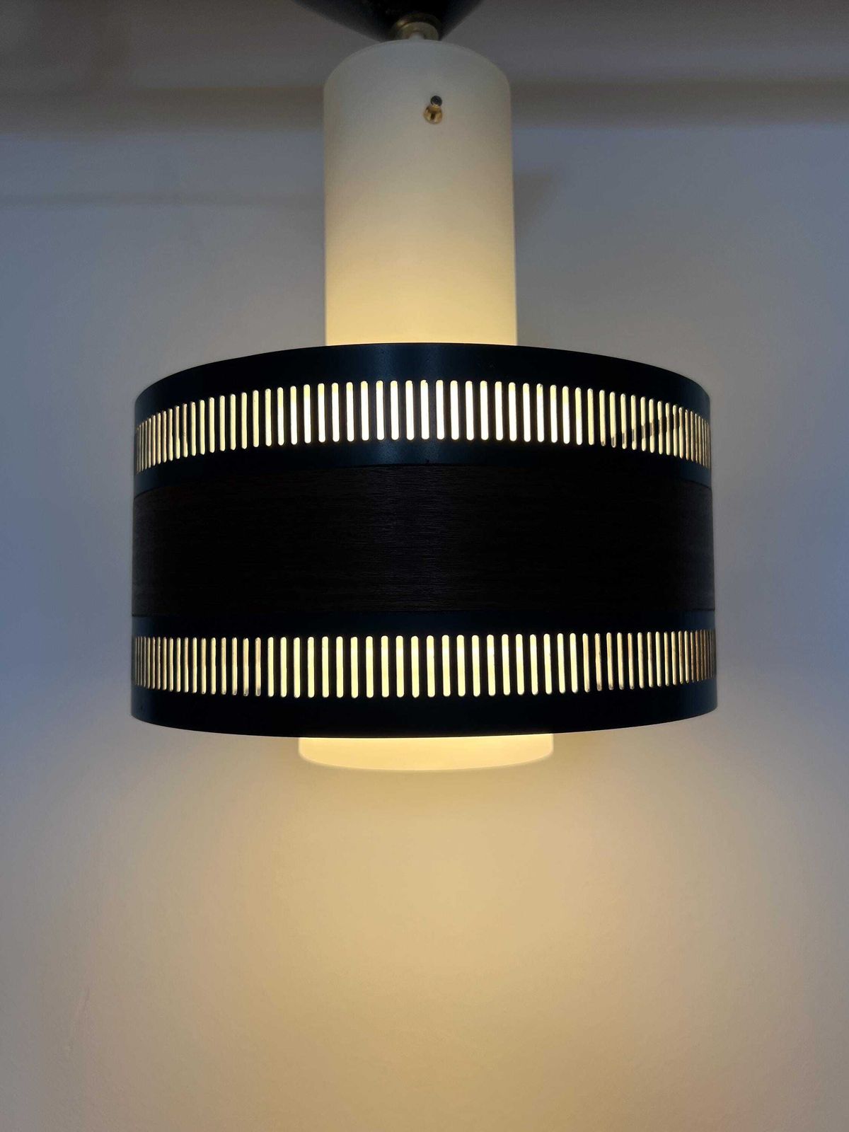 Vintage Pendant Lamp   Metal, (Milk) Glass, Wood Look   Scandinavian Design   Mid Century   50/60s photo vintage