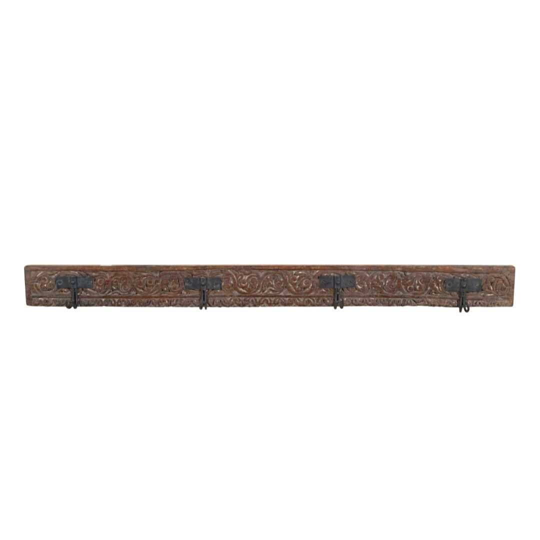 Antique Earth Brown Teak & Black Iron Coat Hook Panel, Vintage Indian Carved Wall Rack, 117cm photo for sale