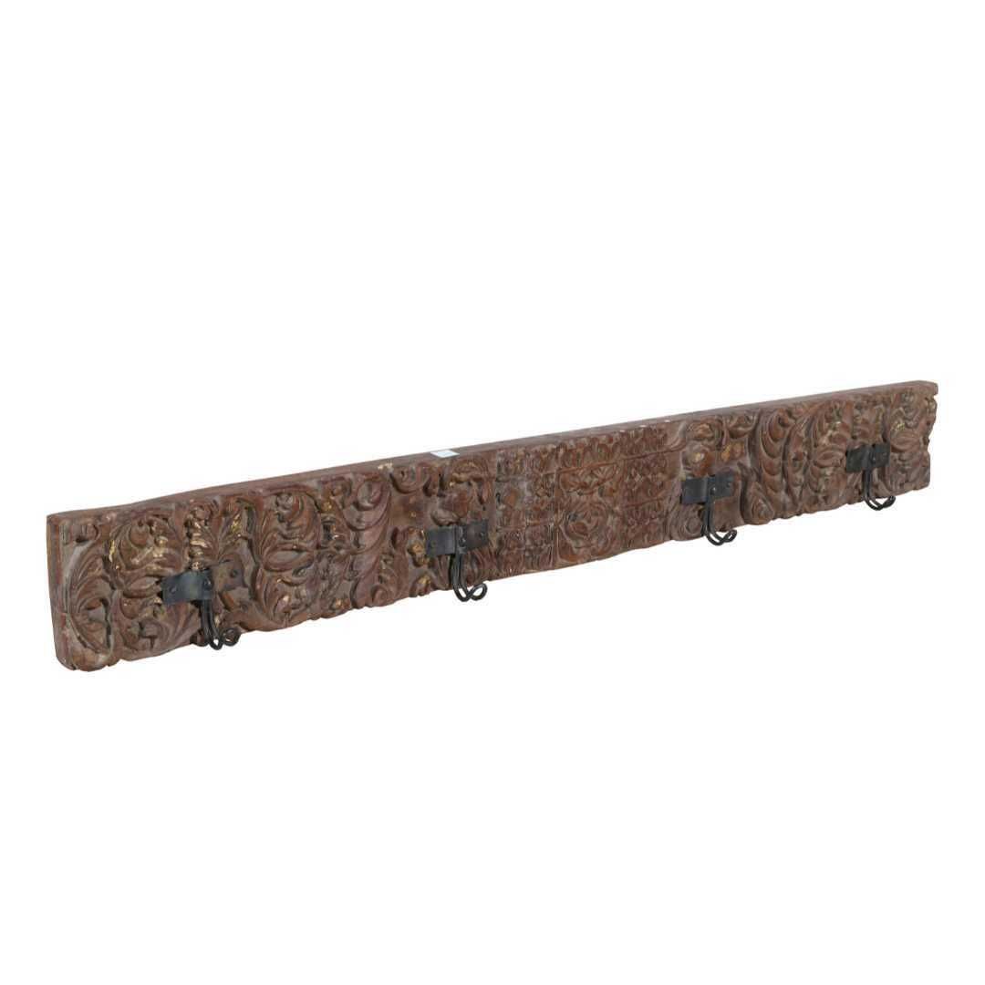 Antique Gilded Chestnut Teak & Black Iron Coat Hook Panel, Vintage Indian Carved Wall Rack, 125cm