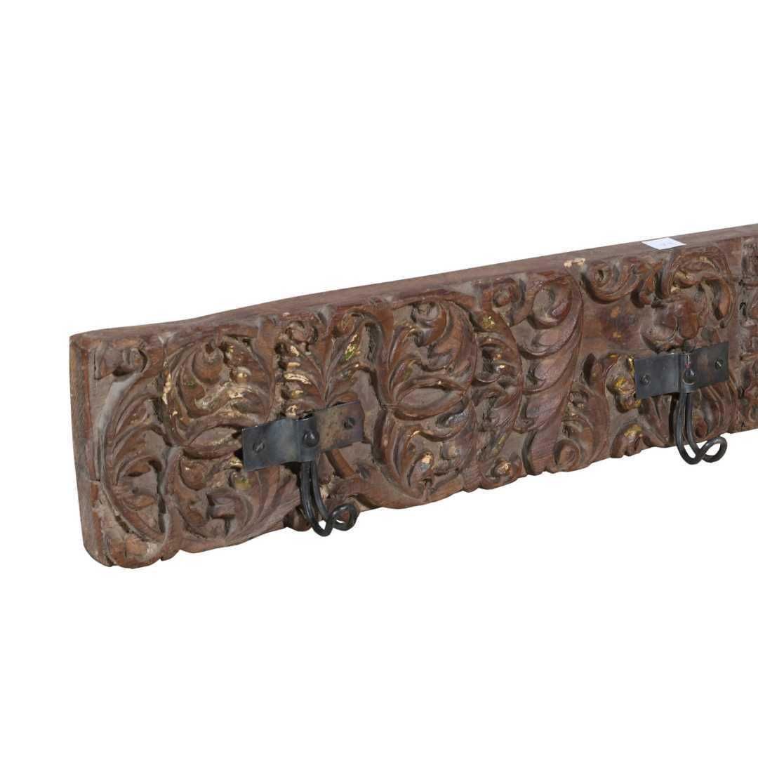 Antique Gilded Chestnut Teak & Black Iron Coat Hook Panel, Vintage Indian Carved Wall Rack, 125cm photo for sale