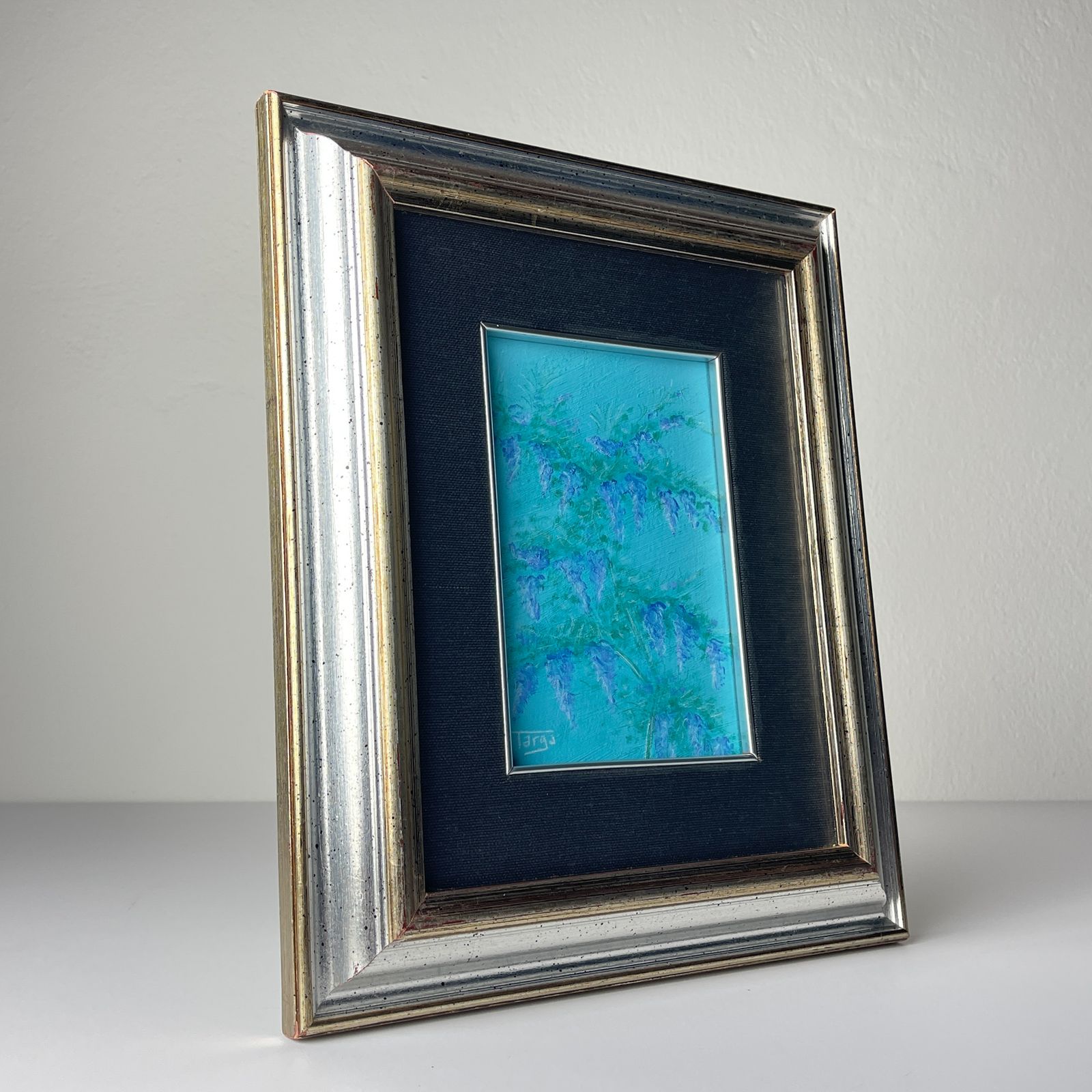 Luigi Targa, Blue Flowers, Padua, Italy 1970s, Oil On Canvas, Framed photo Art