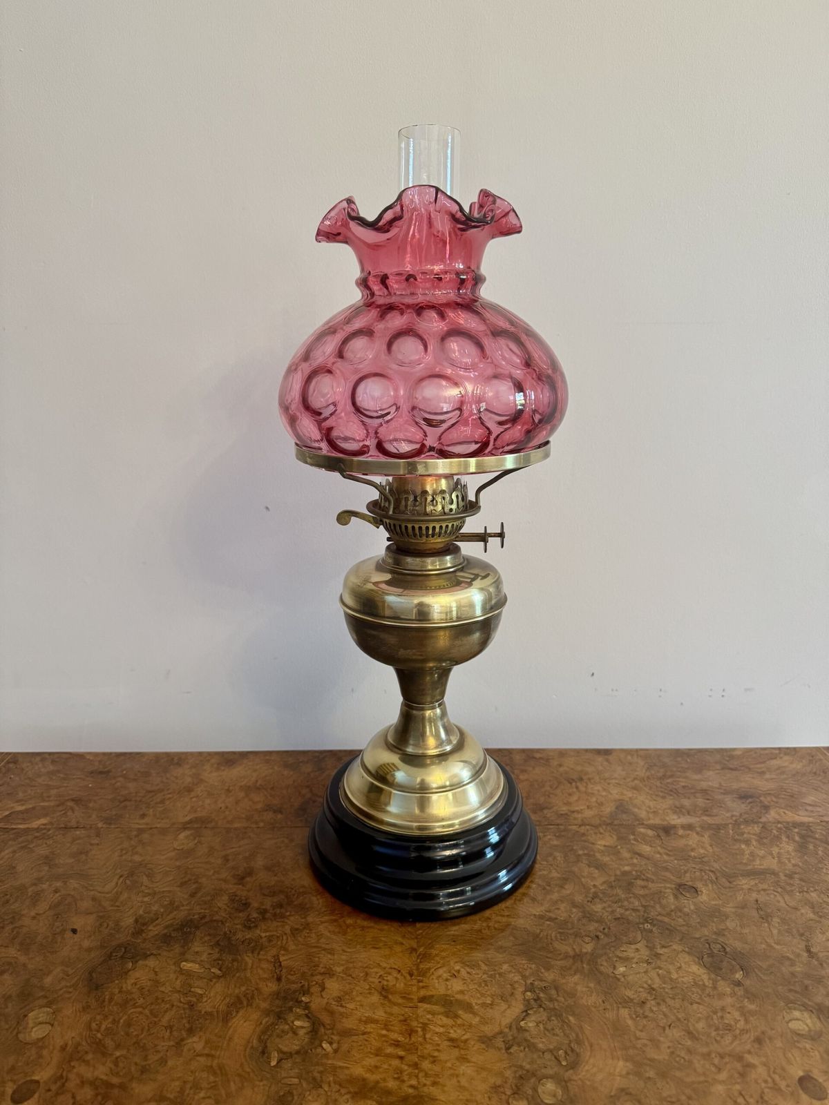 Pretty Antique Brass Oil Lamp With Cranberry Glass Shade photo Home Decor