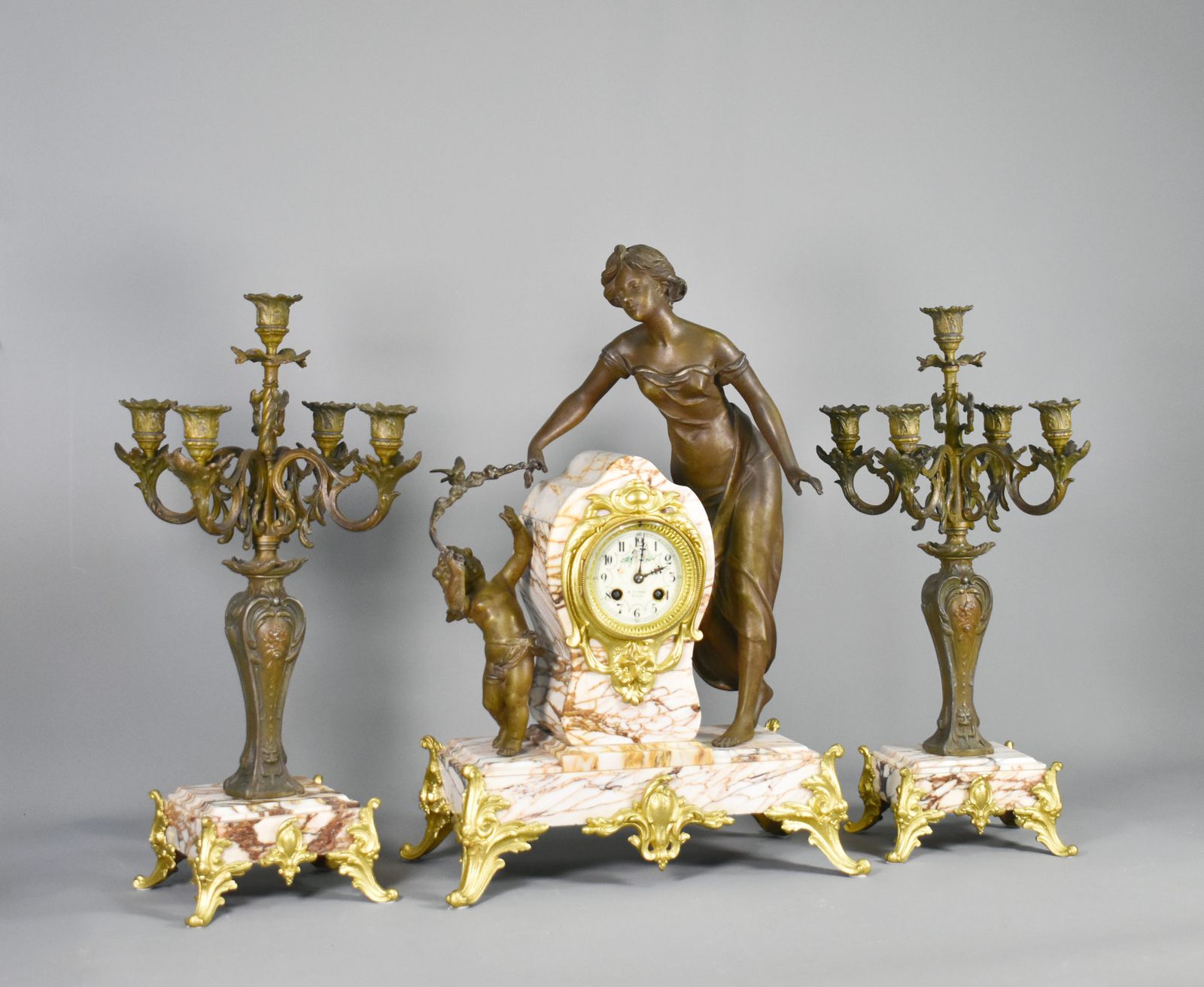 Large French Art Nouveau Mantel Clock And Garniture photo furniture