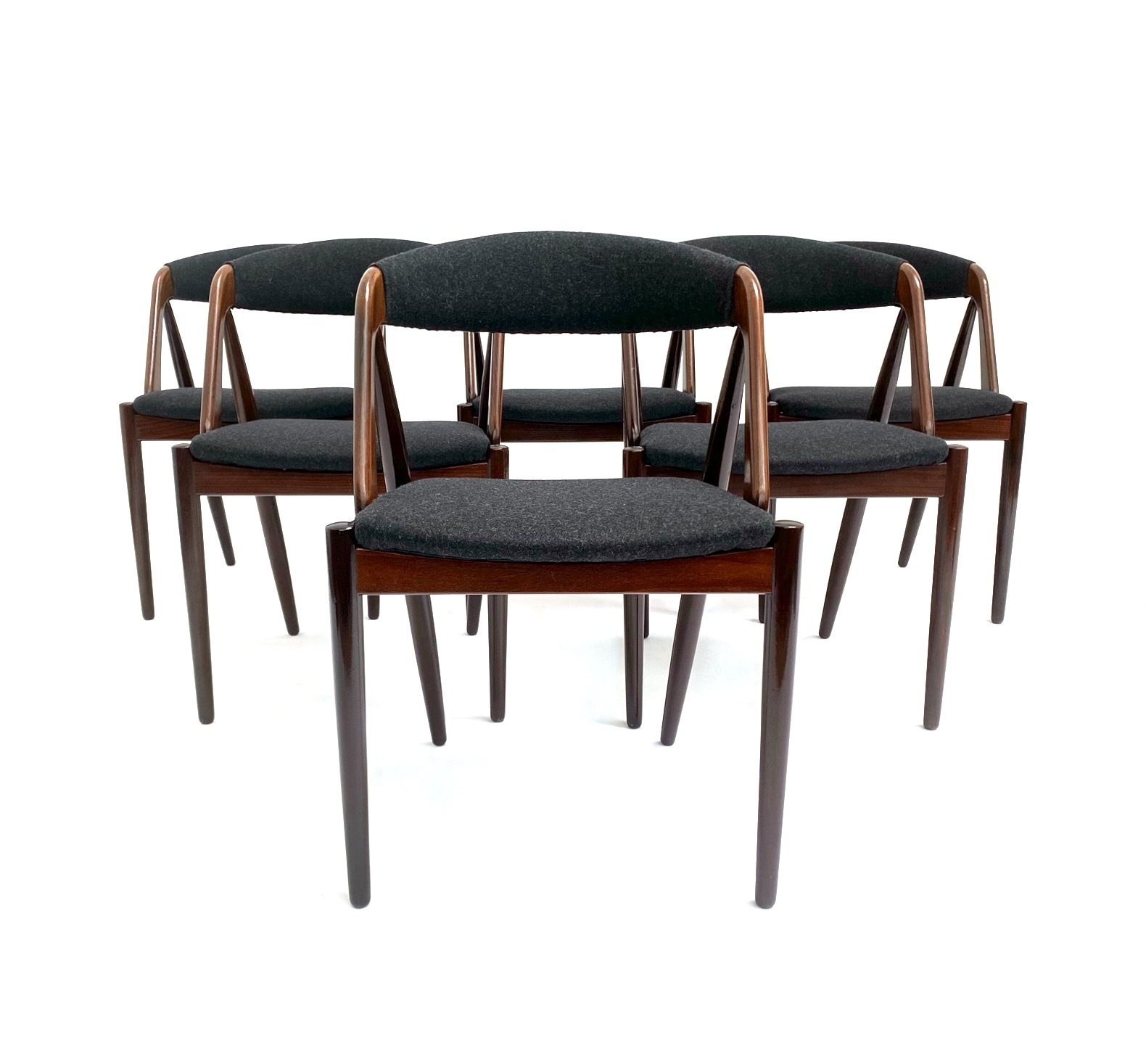 Danish Kai Kristiansen For Shou Andersen Model 31 Set Of 6 Teak And Charcoal Black Wool Dining Chairs Mid Century 1960s