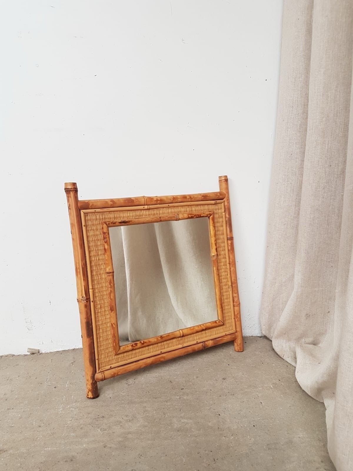 Vtg Mid Century Tiki Bamboo Wicker Boho Wall Hallway Mirror Retro R843 photo for sale