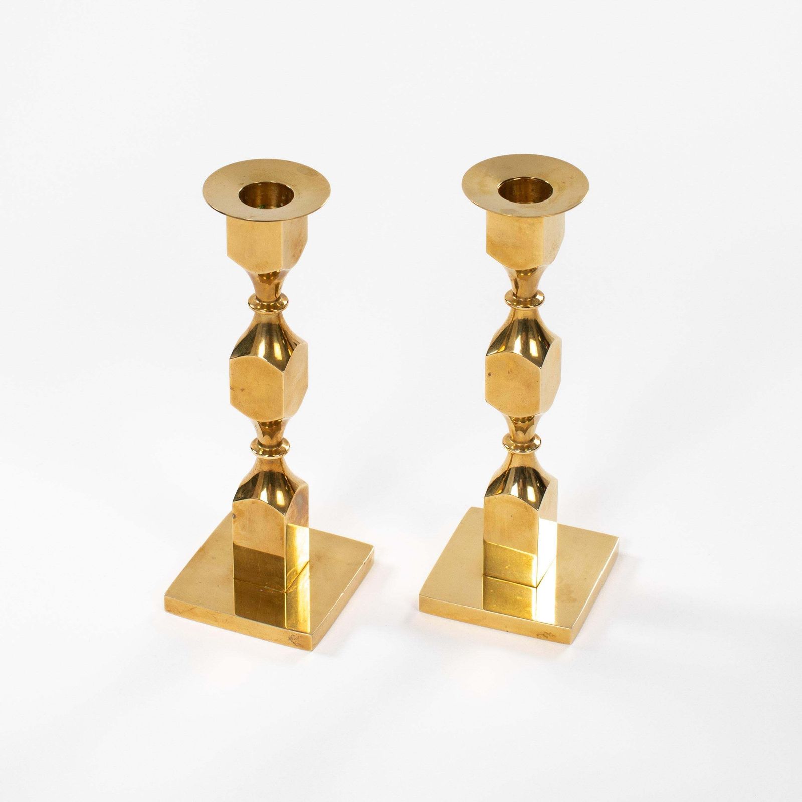 Pair Of Modern, Heavy Brass Candlesticks By Bernt Karlsson By Gusum 1980, Signed photo for sale