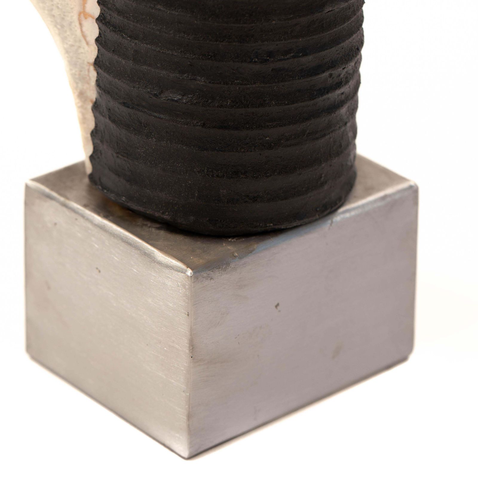 photo vintage Stoneware Sculpture On Steel Base With Glaze In Grey White Black, Signed Zauli