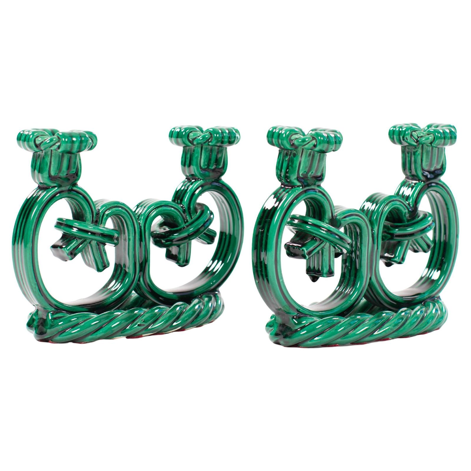 Pair Of French Art Déco Ceramic Candlesticks In Fir Green Cord Look 1930s