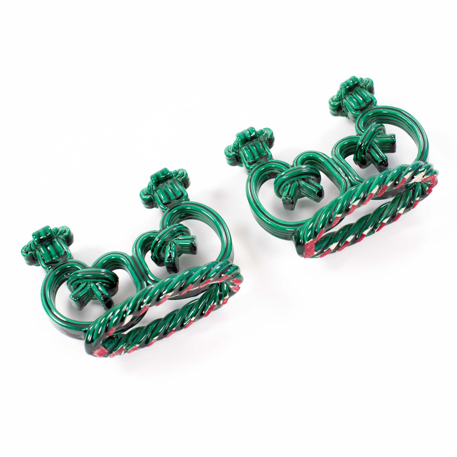 photo for sale Pair Of French Art Déco Ceramic Candlesticks In Fir Green Cord Look 1930s