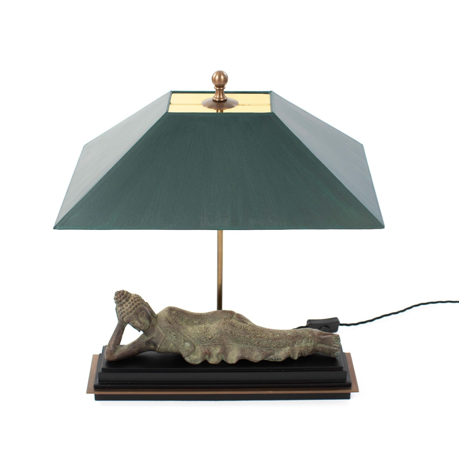Asian Figural Bronze Table Lamp Of A Lying Buddha With Green Shade Myanmar 1920s photo Lighting