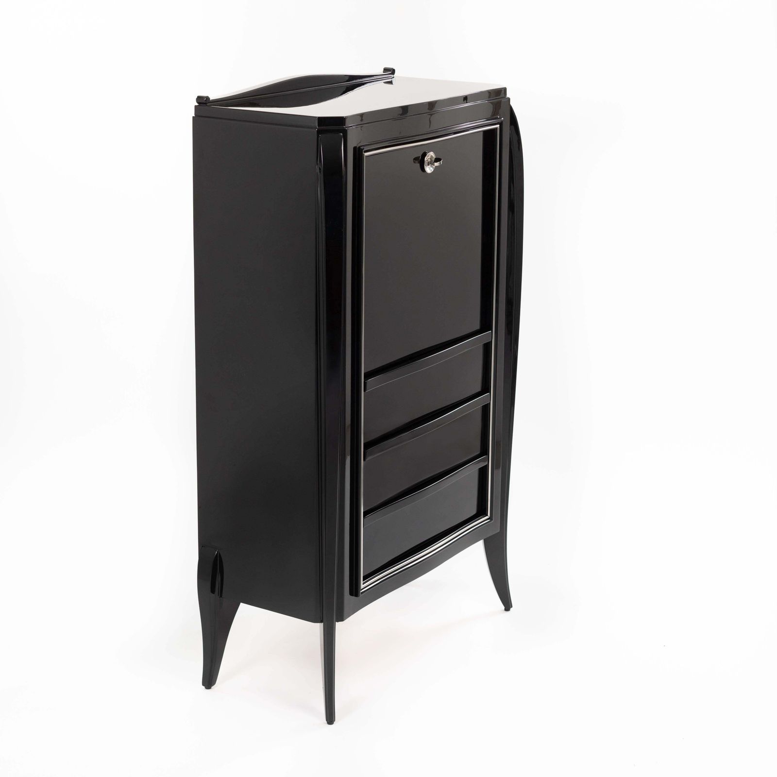 French Art Déco Secretaire Black High Gloss Lacquer Nickel Plated Fittings 1925 photo vinterior