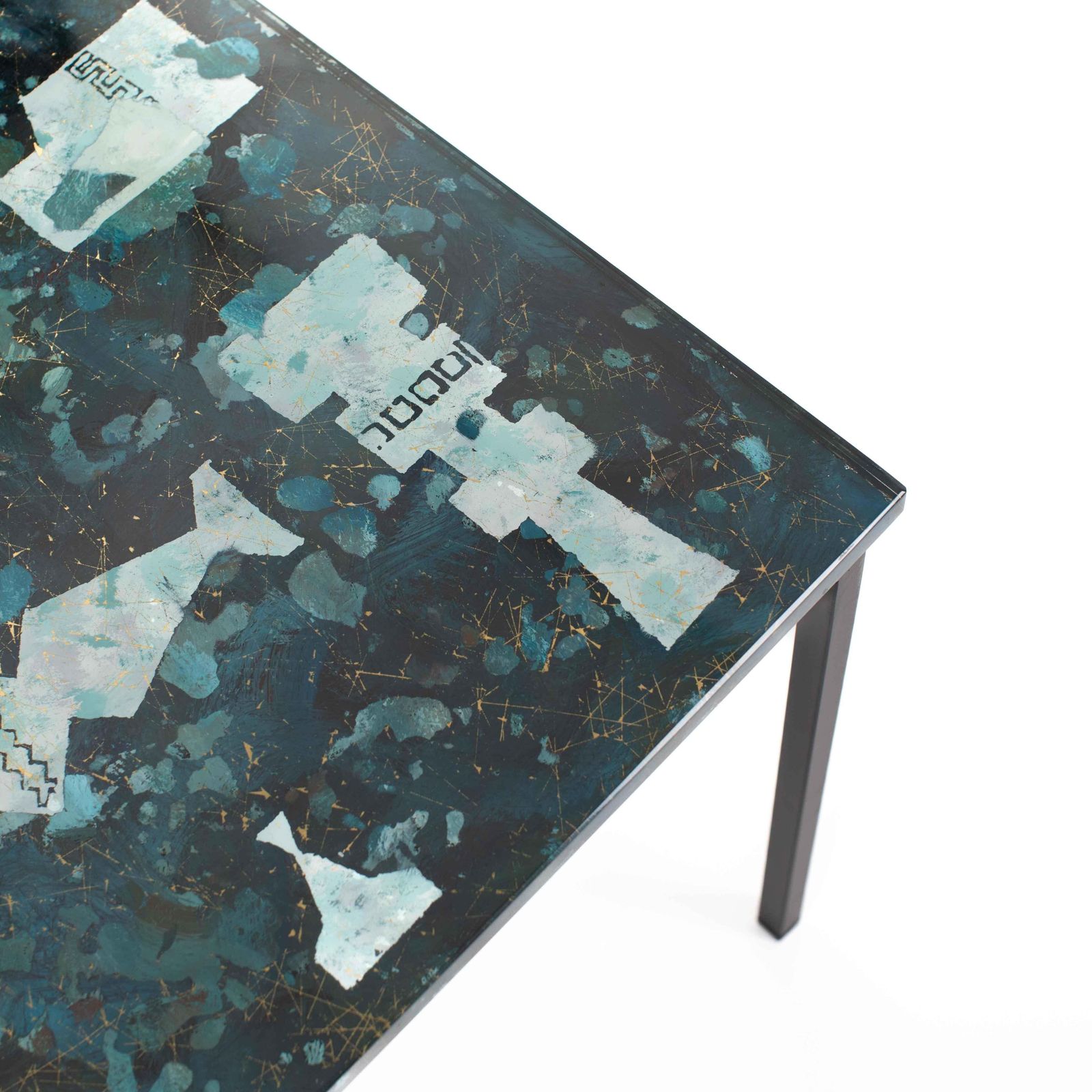 Italian Mid Century Sofa Table Abstract Decor In Turquoise Green Gold Glass Top photo buy
