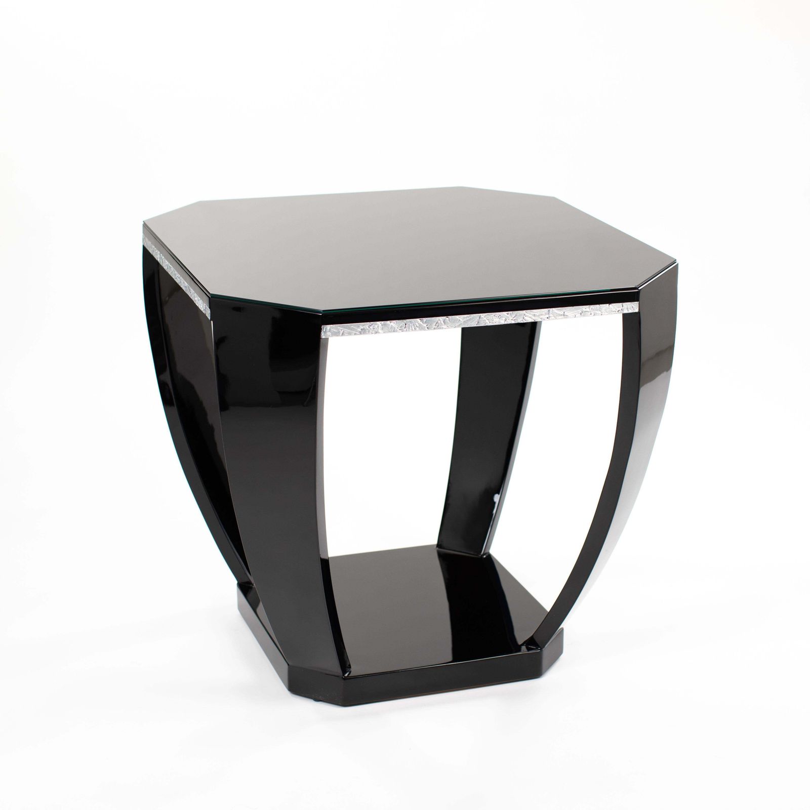 French Art Déco Gueridon Black High Gloss Lacquer Silver Plated Carvings 1920s photo 4454.0