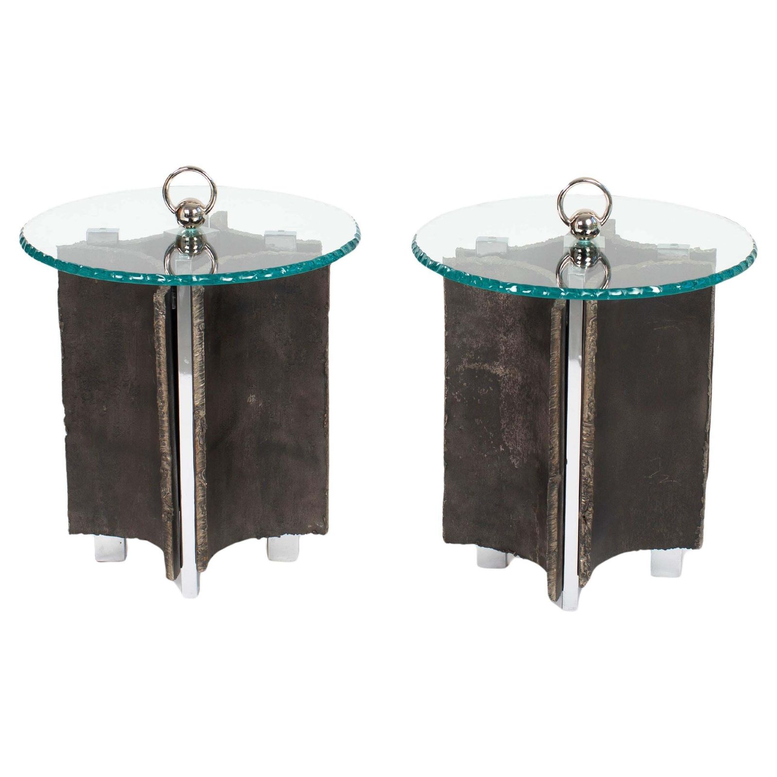 Mid Century Italian Brutalist Side Tables Iron Glass Nickel By Banci, Florence