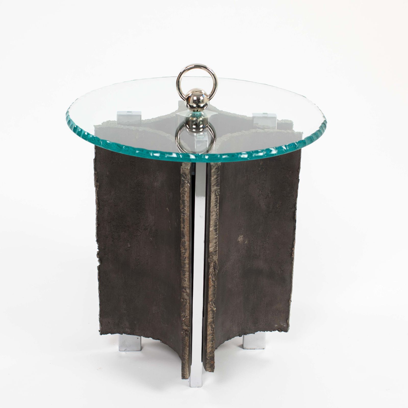 Mid Century Italian Brutalist Side Tables Iron Glass Nickel By Banci, Florence photo vintage