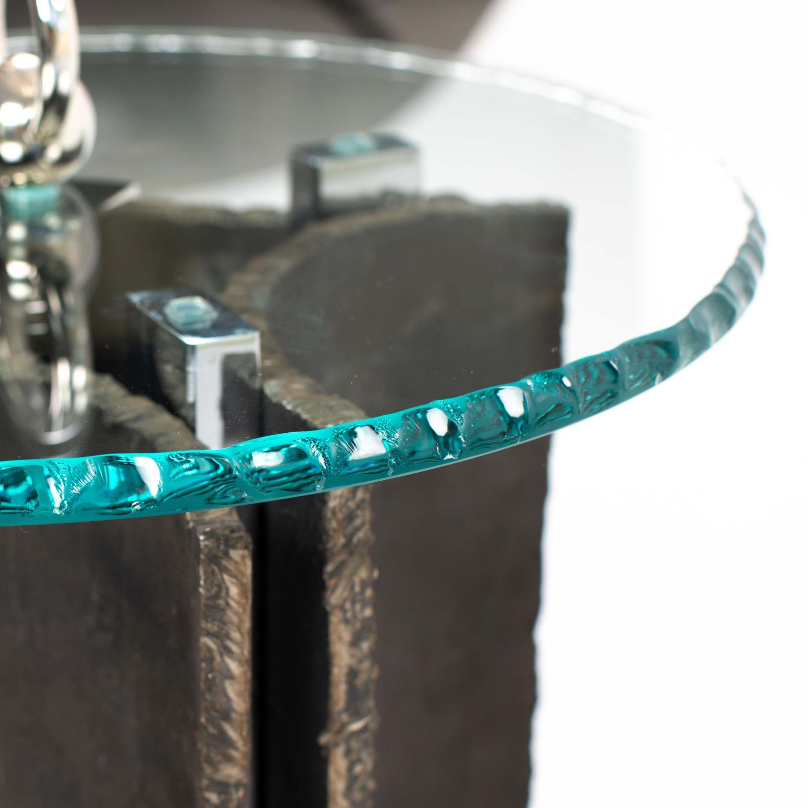 Furniture Mid Century Italian Brutalist Side Tables Iron Glass Nickel By Banci, Florence photo