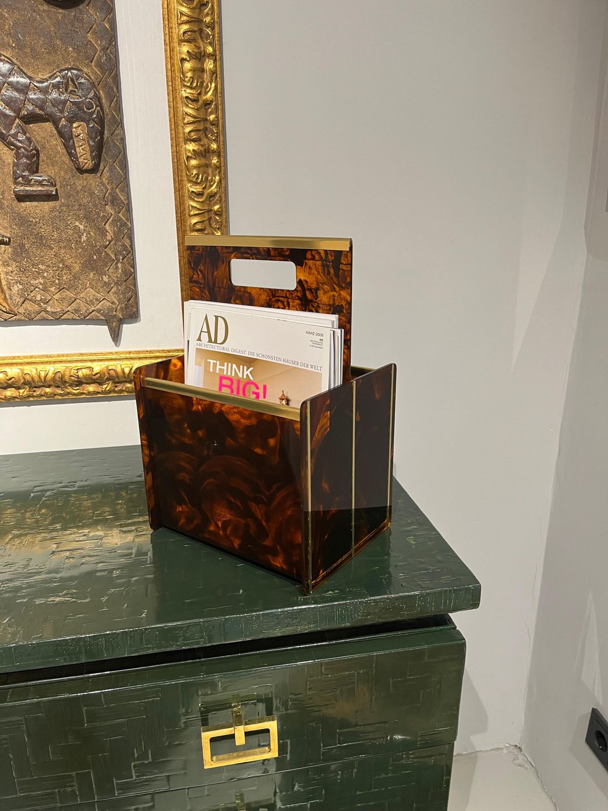 839.0 French Elegante Mid Century Lucite Brass Magazine Rack By Maison Dior 1970s photo