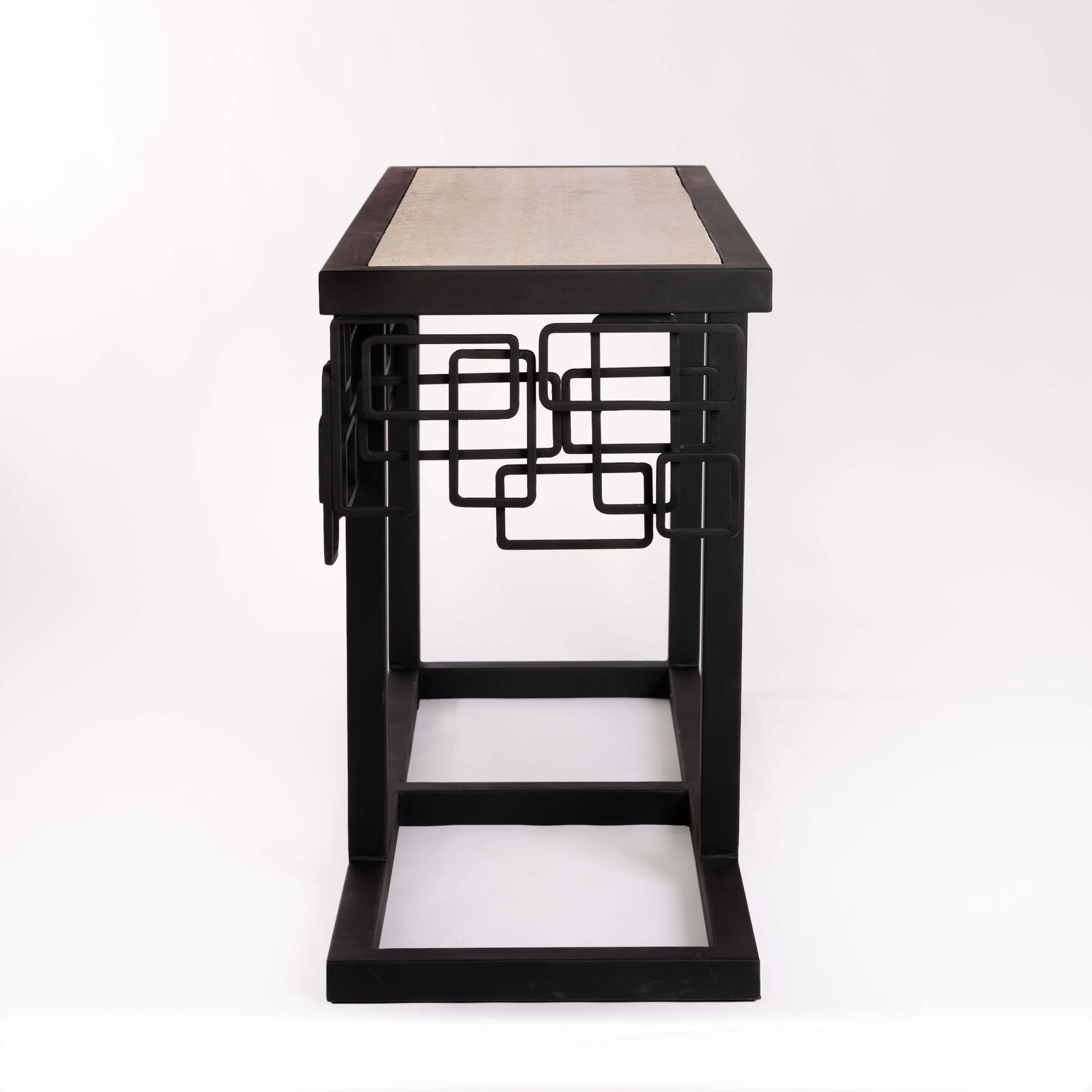 photo furniture Italian Mid Century Iron/Travertine Console Table Abstract Geometric Design 70s
