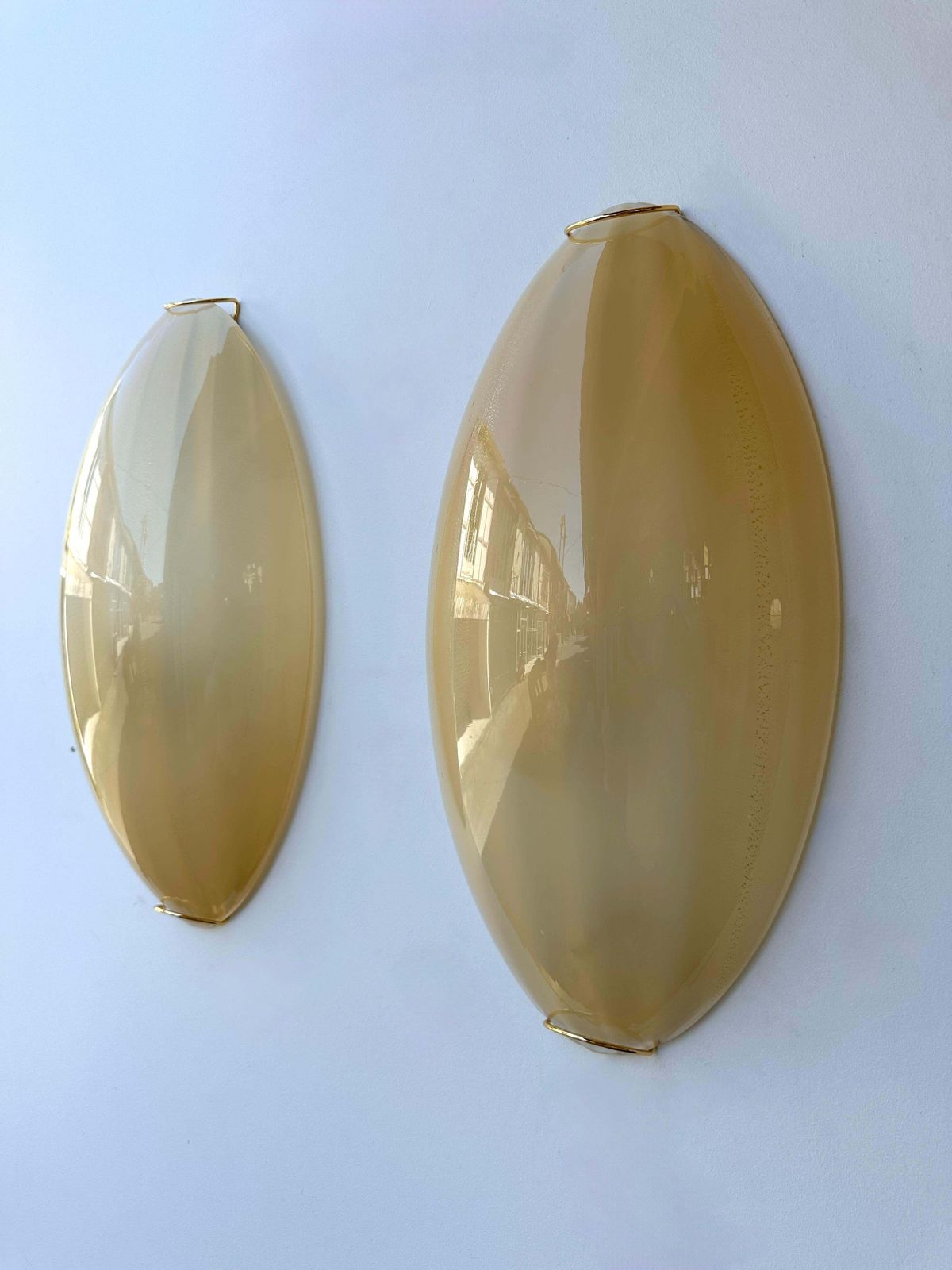 Contemporary Pair Of Yellow Gold Leaf Murano Glass And Brass Sconces, Italy photo buy