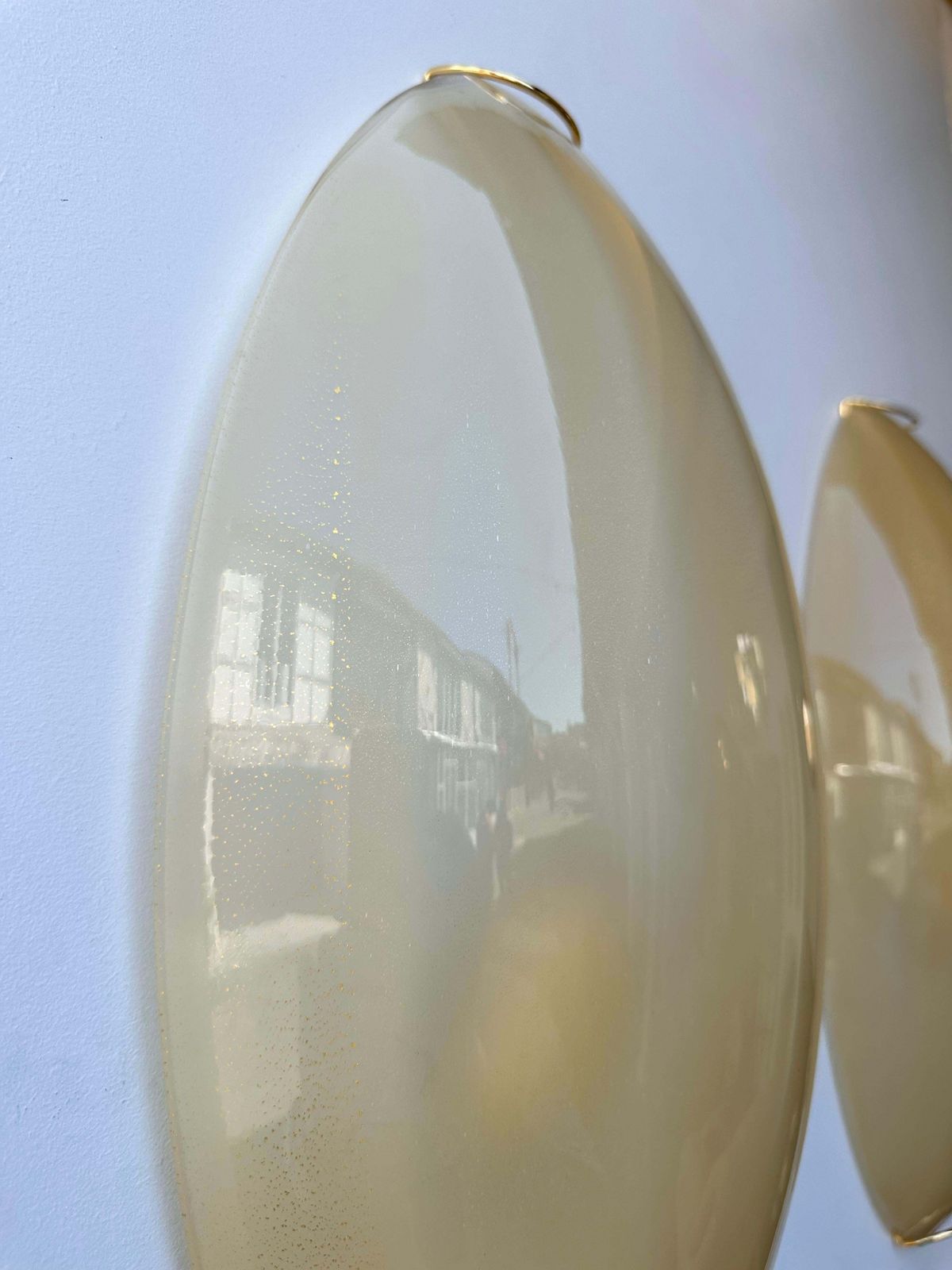 Contemporary Pair Of Yellow Gold Leaf Murano Glass And Brass Sconces, Italy photo vintage