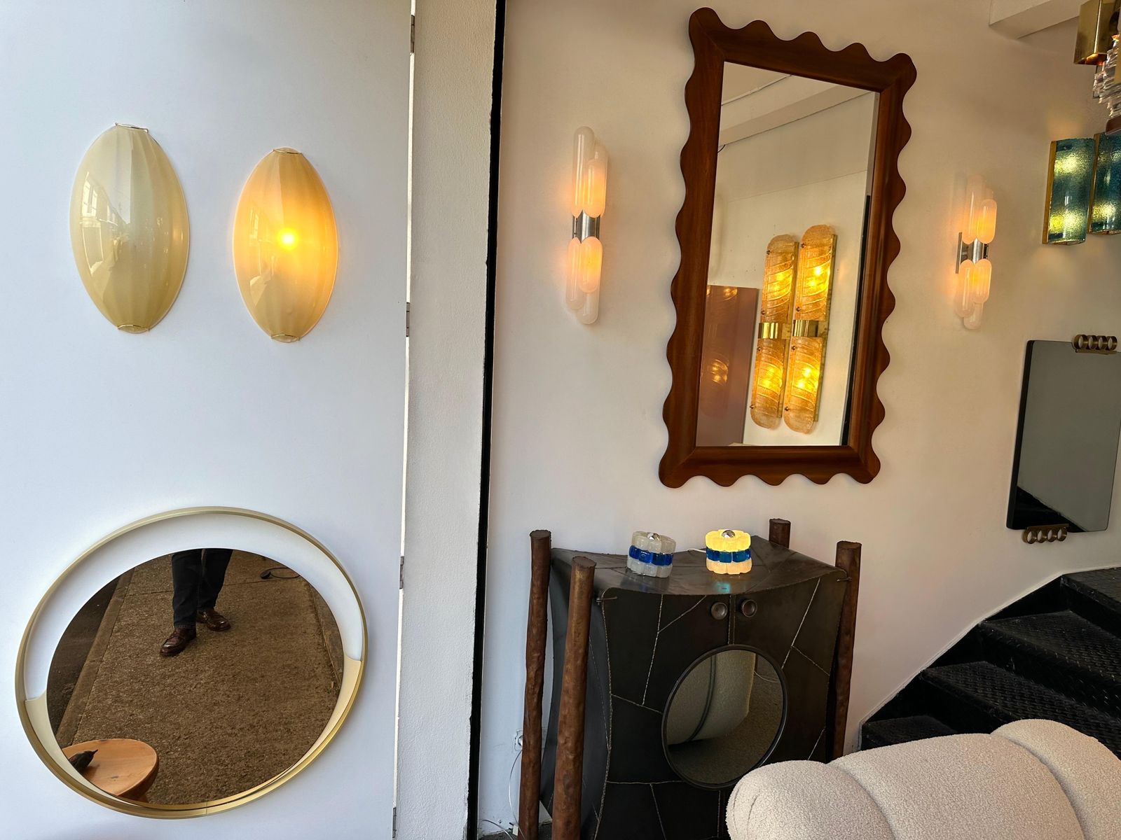 Lighting Contemporary Pair Of Yellow Gold Leaf Murano Glass And Brass Sconces, Italy photo