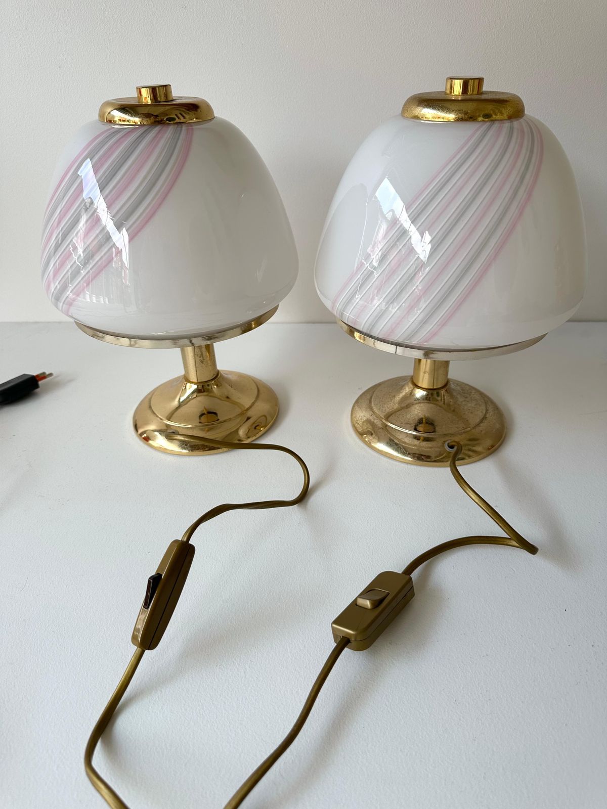 photo for sale Pair Of Mushroom Lamps Brass And Murano Glass By F. Fabbian, Italy, 1970s