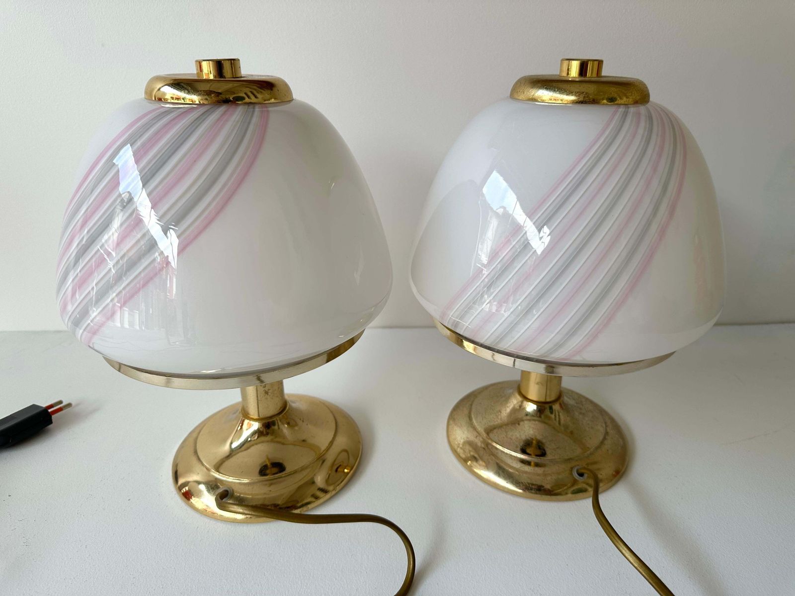 Lighting Pair Of Mushroom Lamps Brass And Murano Glass By F. Fabbian, Italy, 1970s photo