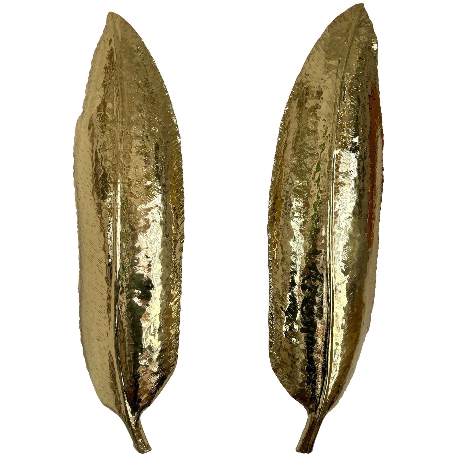 Large Contemporary Pair Of Brass Palm Sconces, Italy