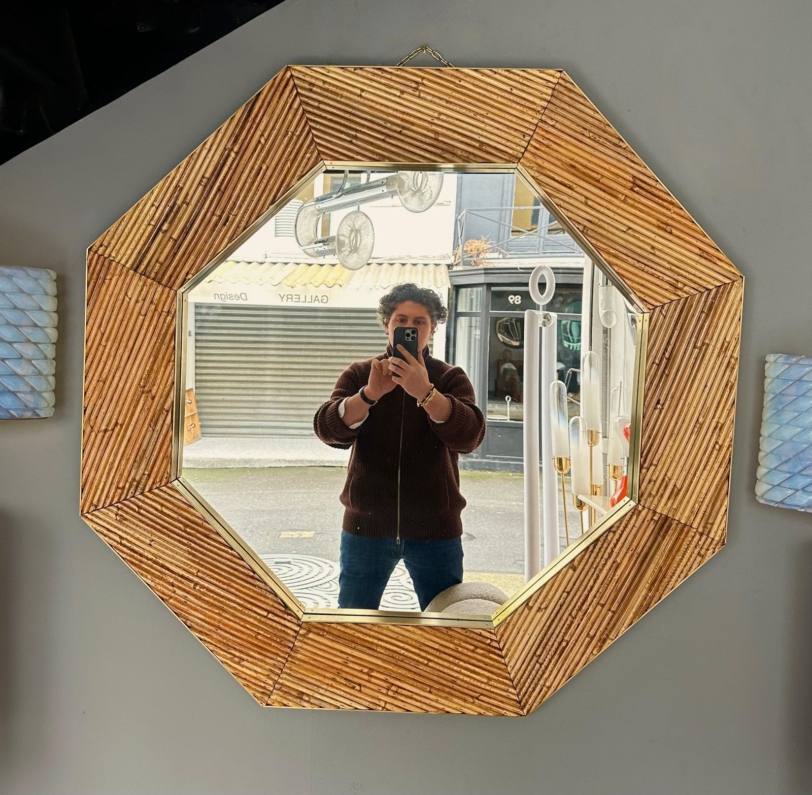 Rattan And Brass Octogonal Wall Mirror By Vivai Del Sud. Italy, 1970s photo vinterior
