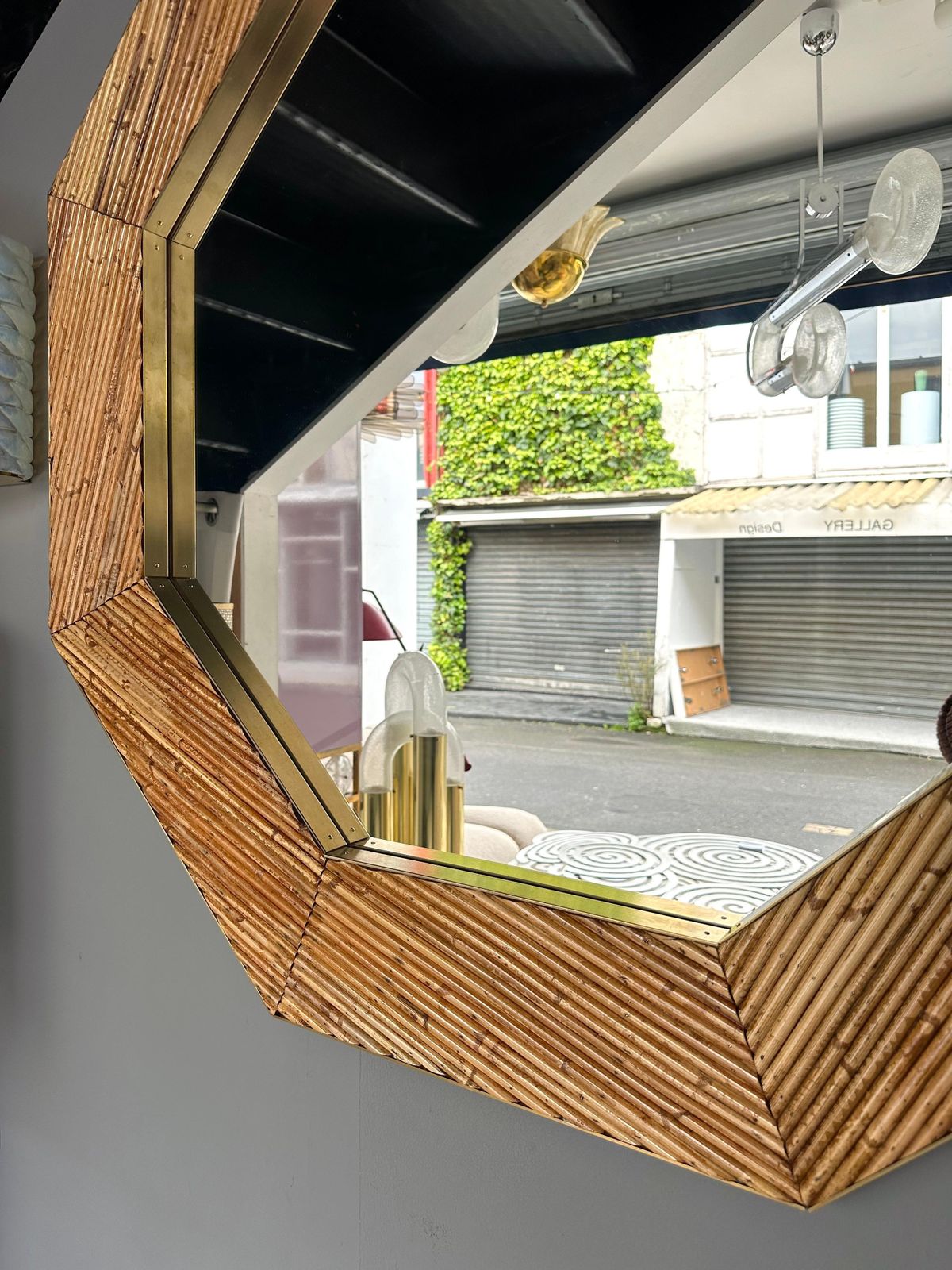 Rattan And Brass Octogonal Wall Mirror By Vivai Del Sud. Italy, 1970s photo vintage