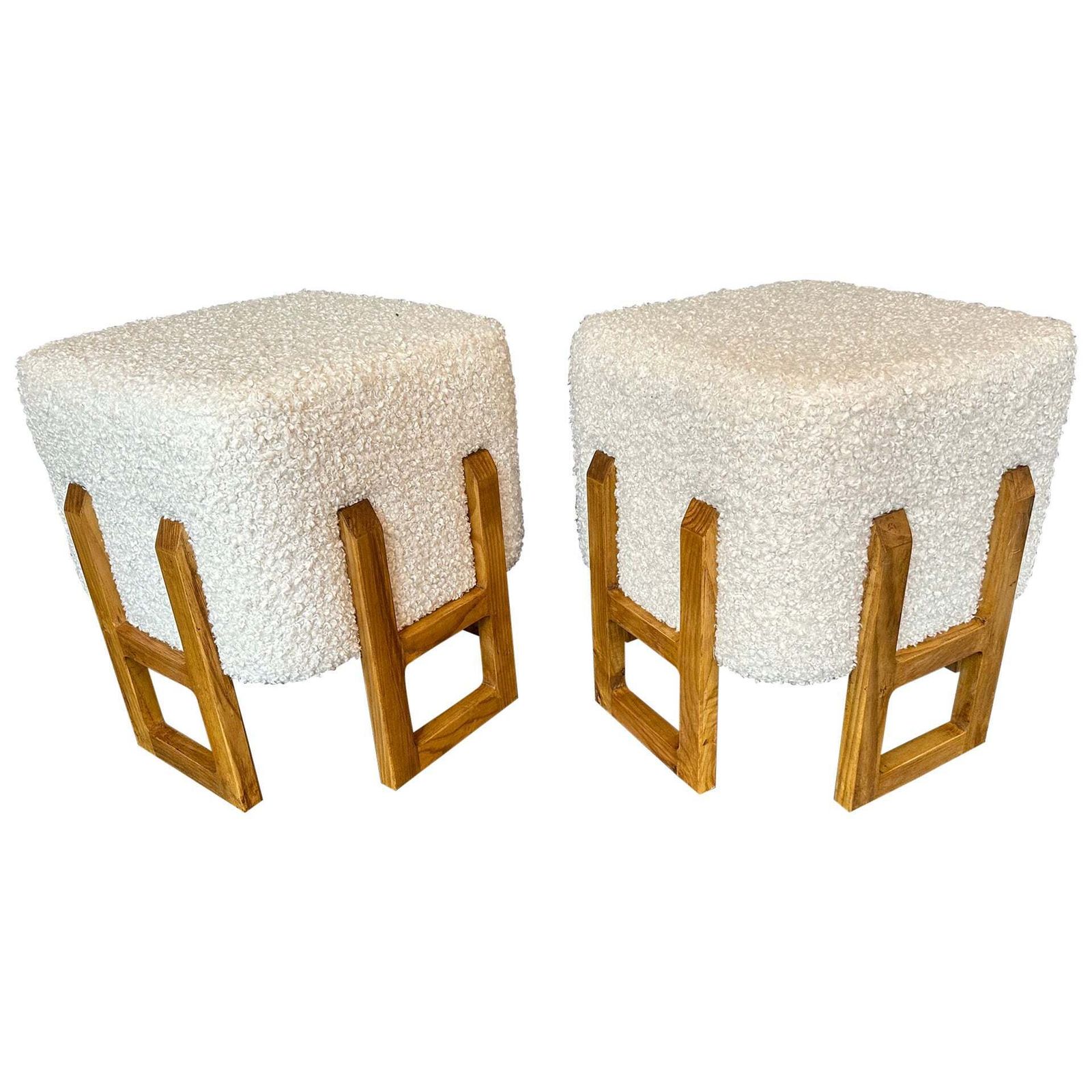 Contemporary Pair Of Wood Stools And Bouclé Fabric. Italy