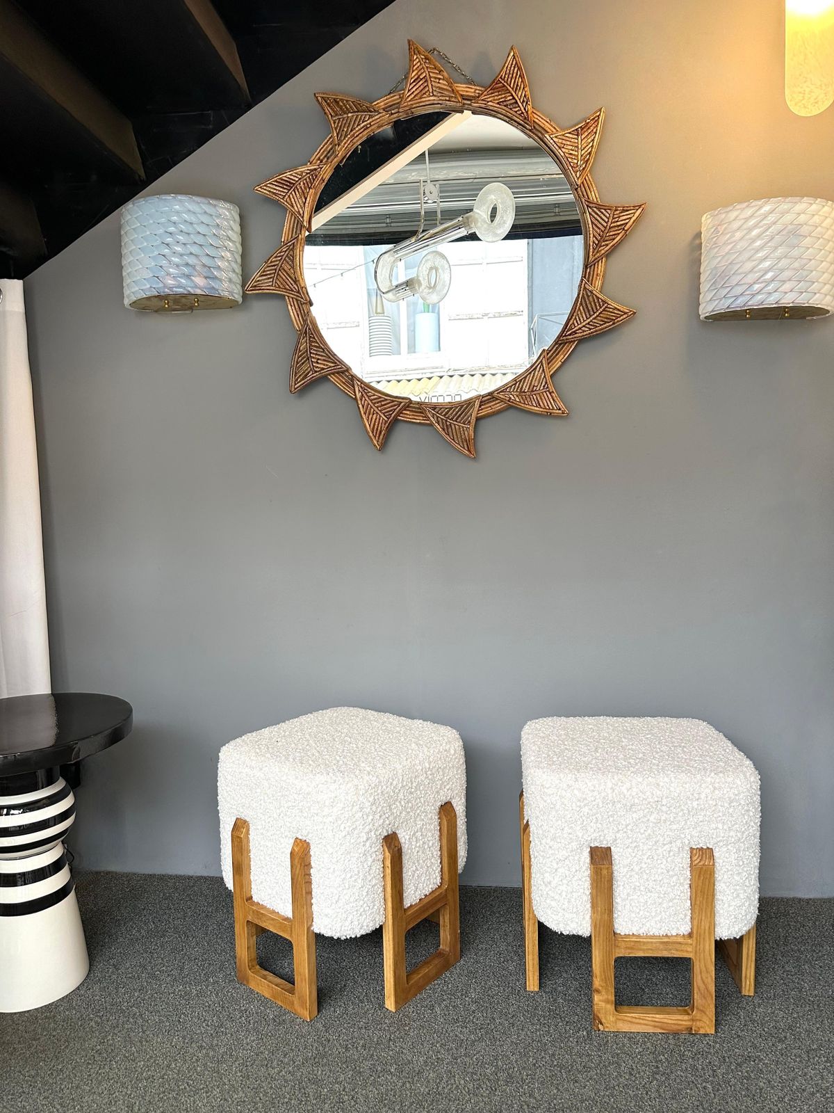 Contemporary Pair Of Wood Stools And Bouclé Fabric. Italy photo furniture
