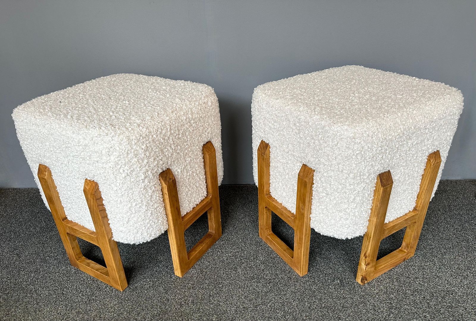 Contemporary Pair Of Wood Stools And Bouclé Fabric. Italy photo for sale