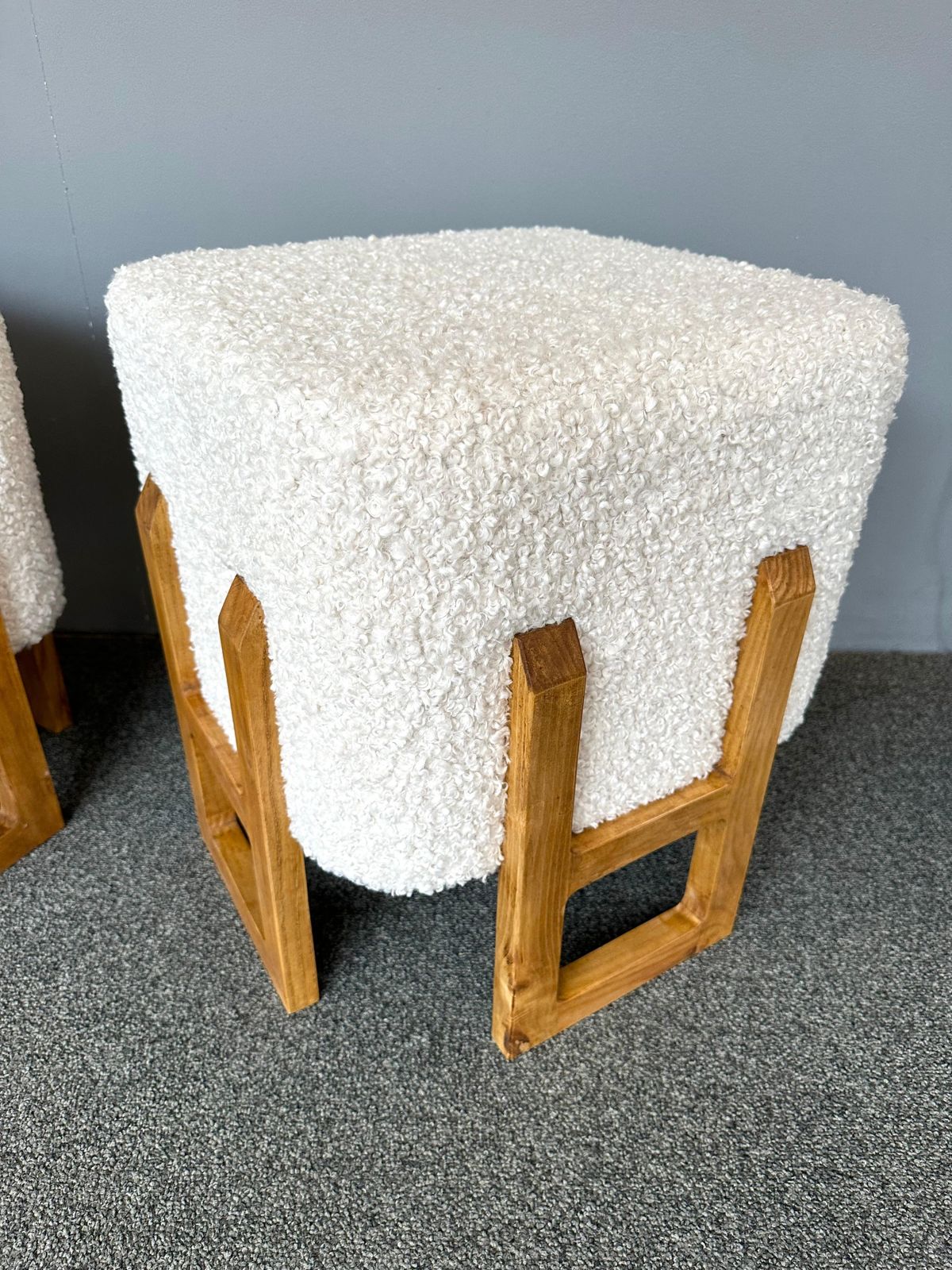 Contemporary Pair Of Wood Stools And Bouclé Fabric. Italy photo buy